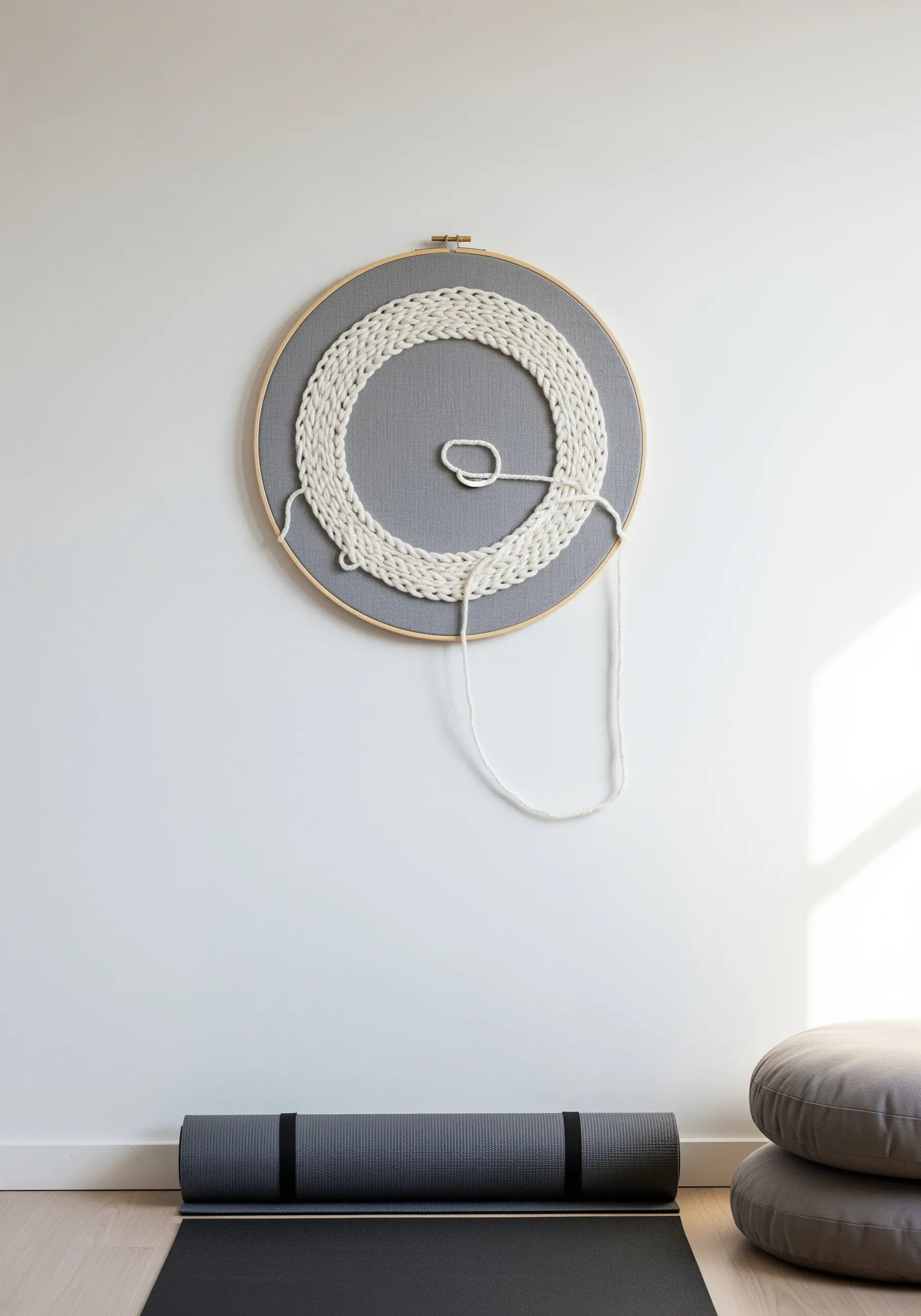 A minimalist embroidery hoop with a coiled white cotton rope creating a sculptural object.