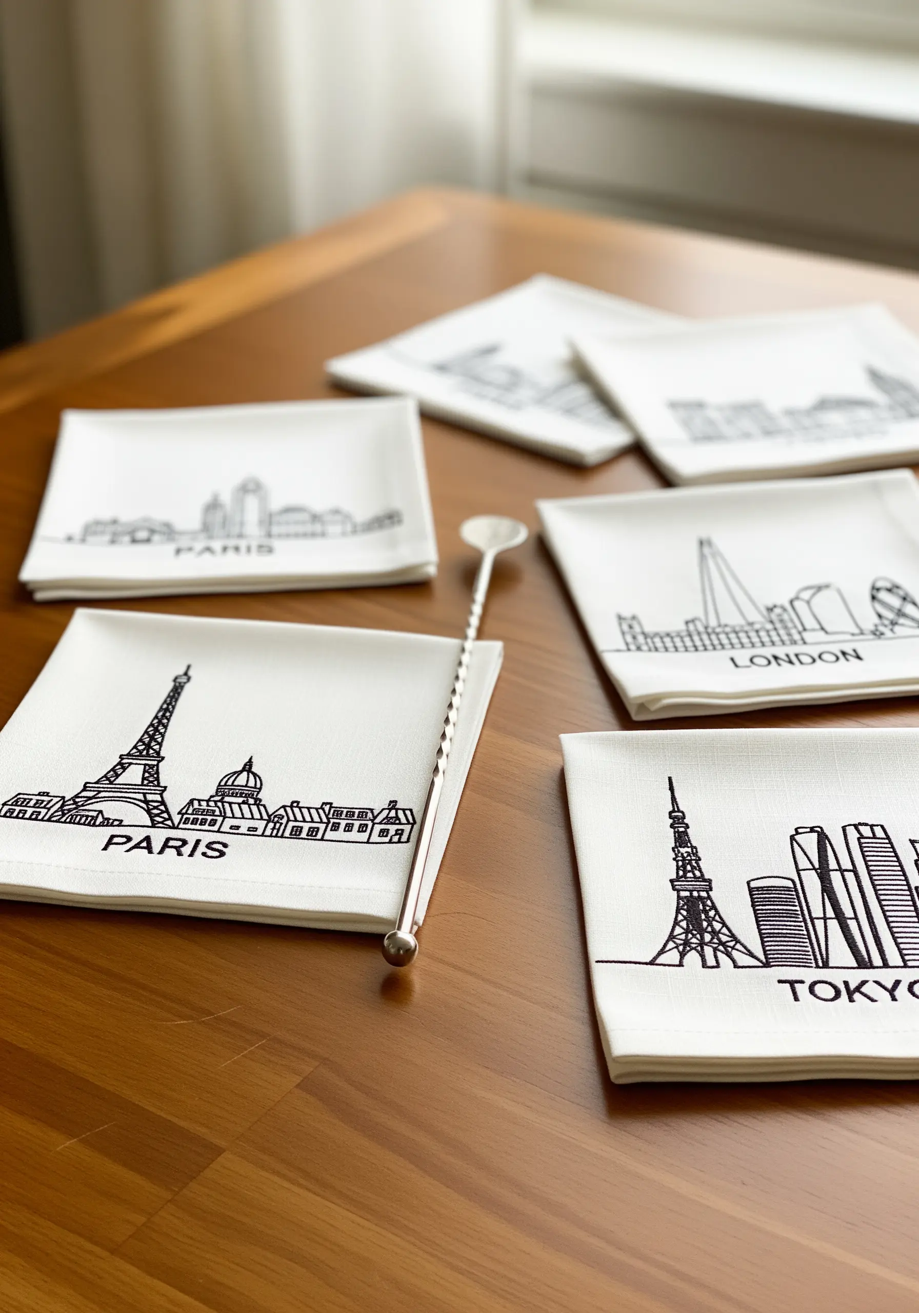 White napkins with black embroidered city skylines
