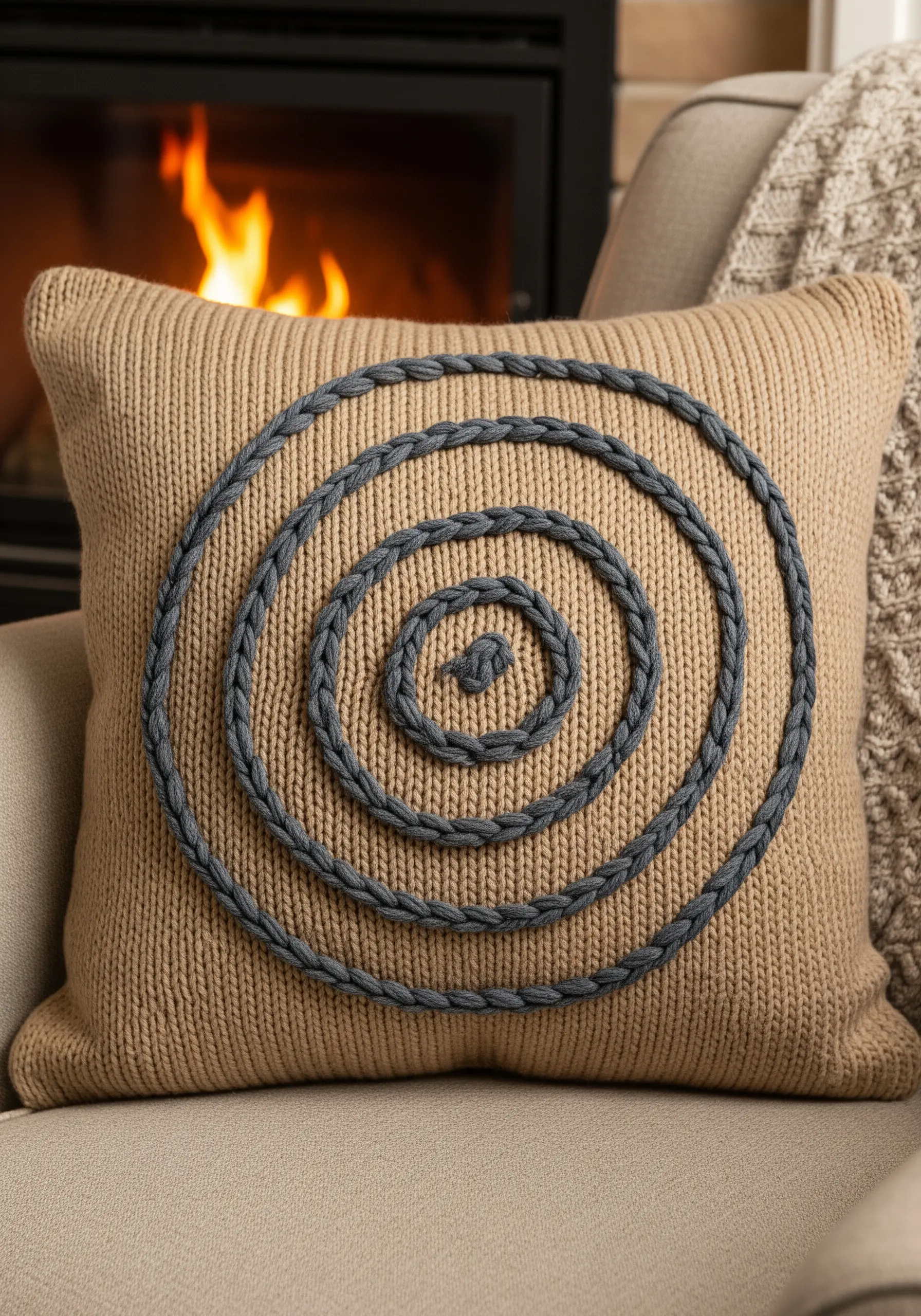 A gray braided cord is couched in a spiral pattern onto a beige knit pillow.