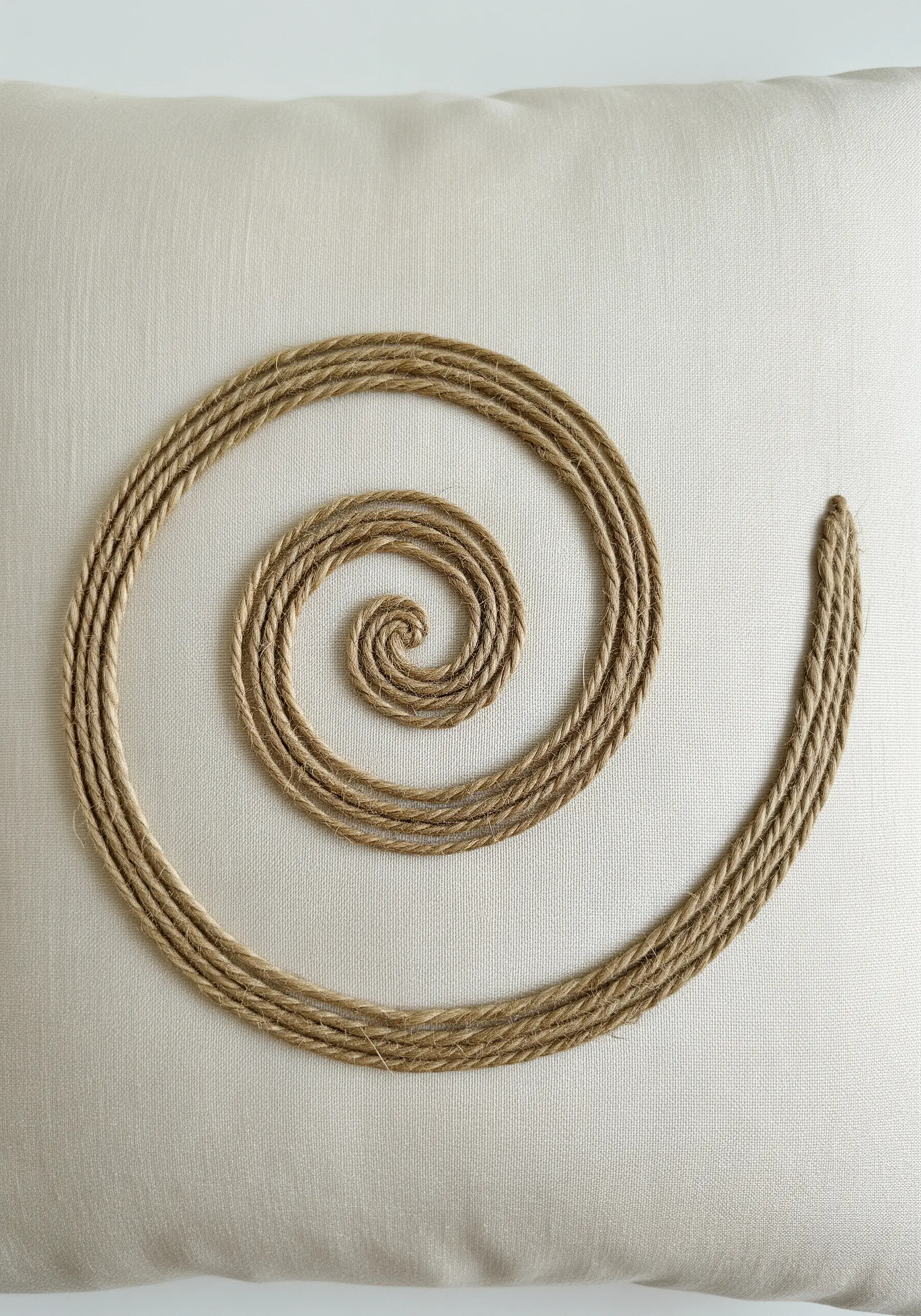 A simple spiral made from thick, rustic jute twine couched onto an off-white linen pillow.