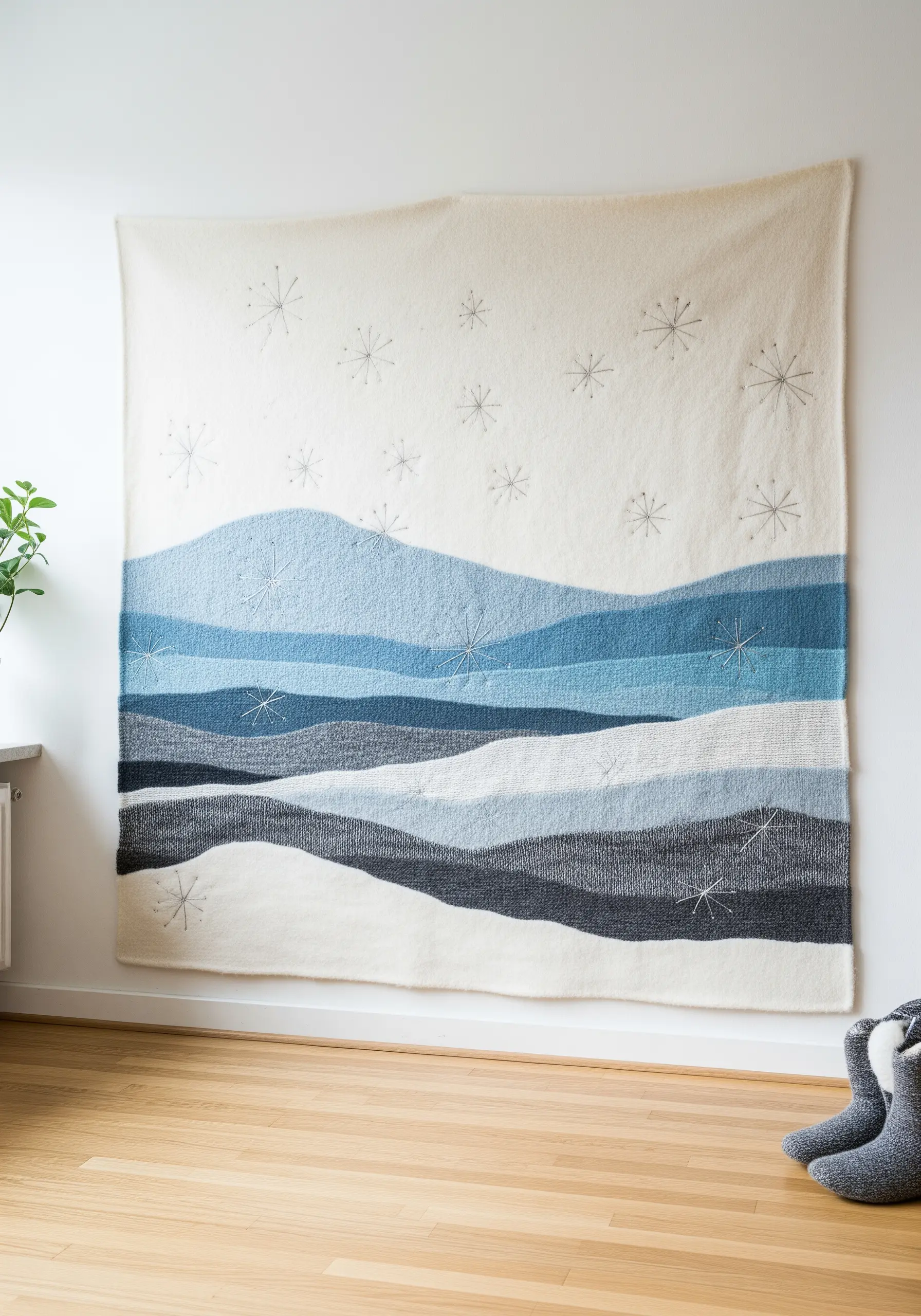 A large, minimalist wall hanging of a snowy landscape made from layered felt with snowflake stitches.