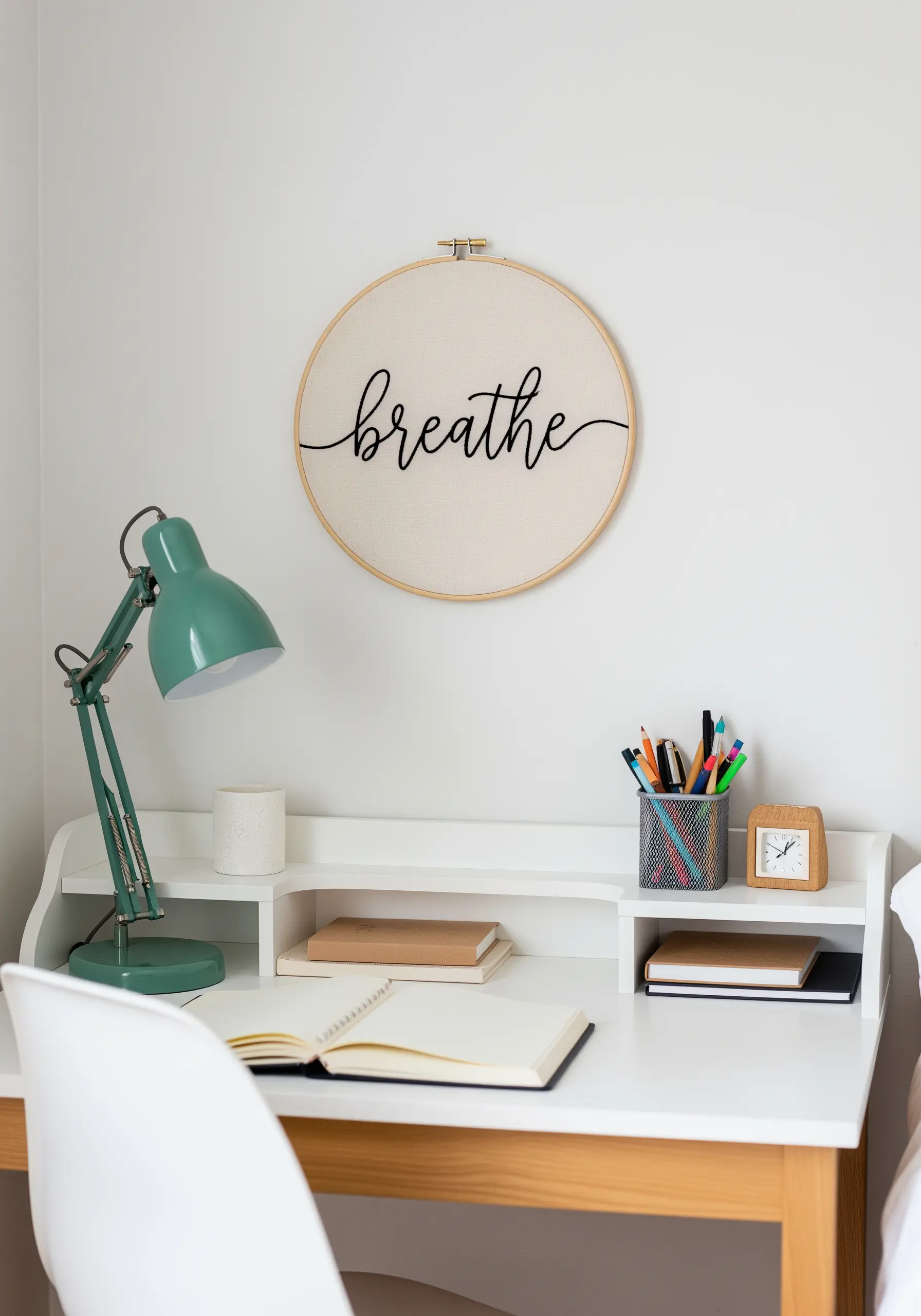 An embroidery hoop with the word 'breathe' stitched in elegant black script.