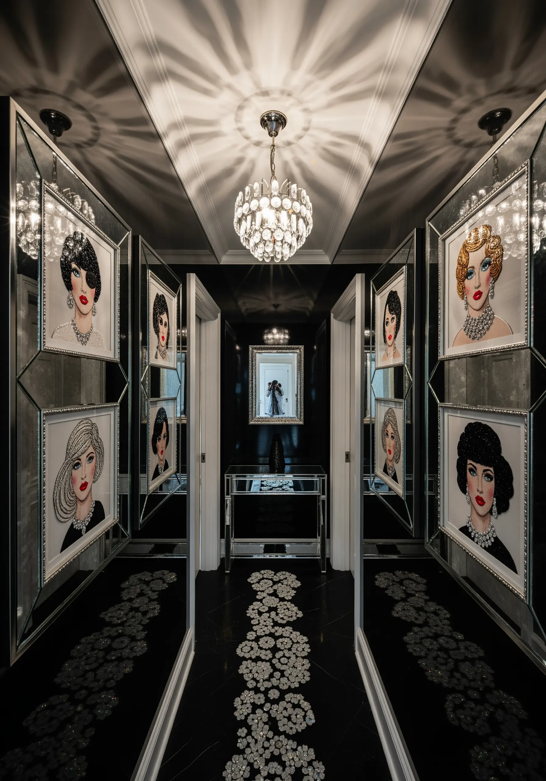 A glamorous hallway with mirrored walls reflecting intricately beaded portraits and a crystal chandelier.