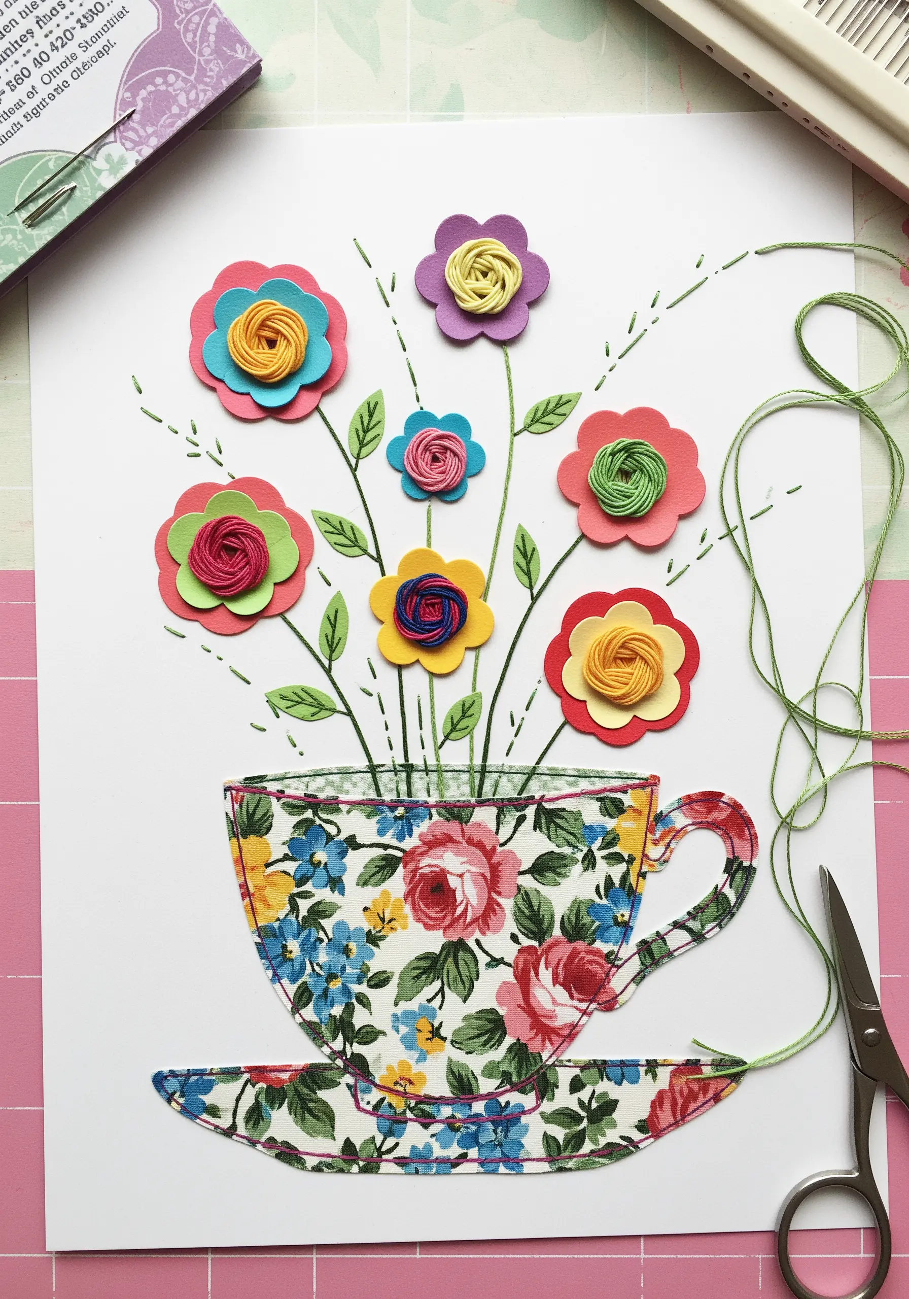 A mixed-media collage of a floral fabric teacup with paper flowers and embroidered stems.