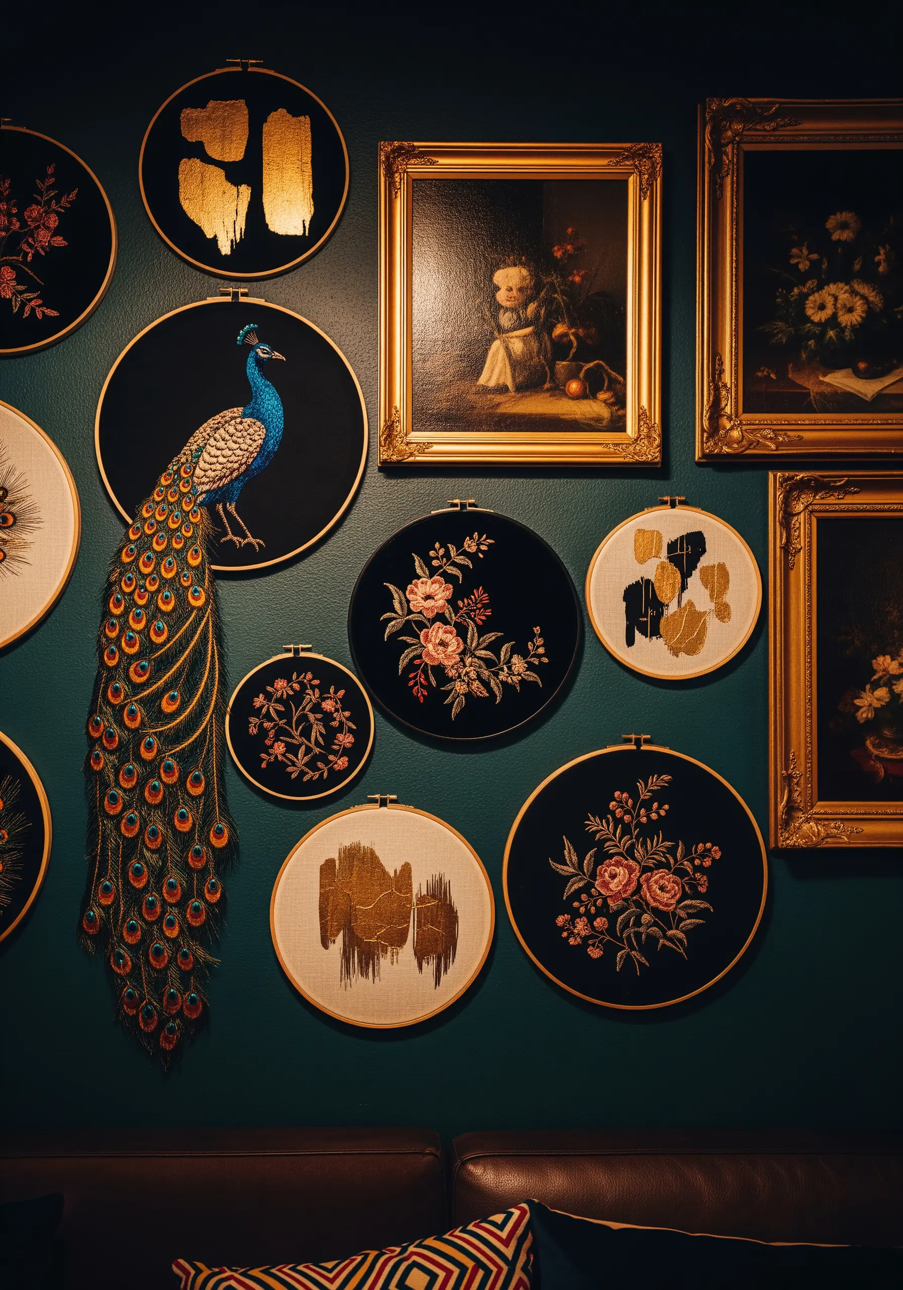 A maximalist gallery wall with embroidered peacocks, florals, and abstract gold leaf on dark fabric.