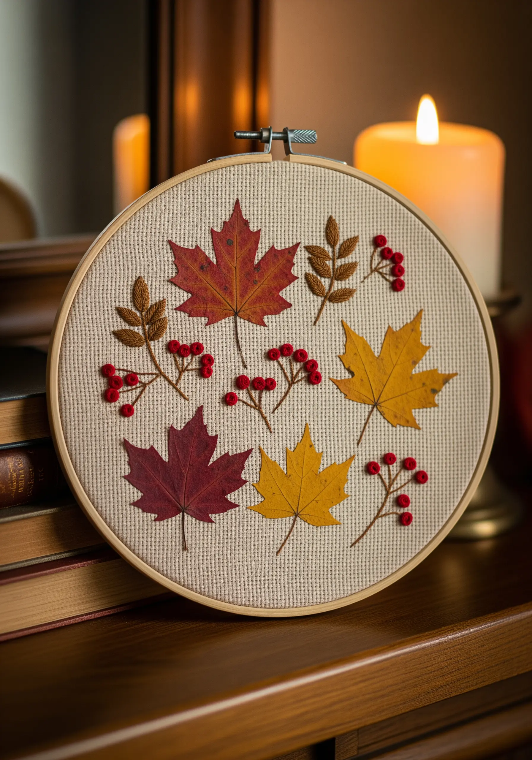 An embroidery hoop with a mix of real pressed autumn leaves and embroidered berries and leaves.