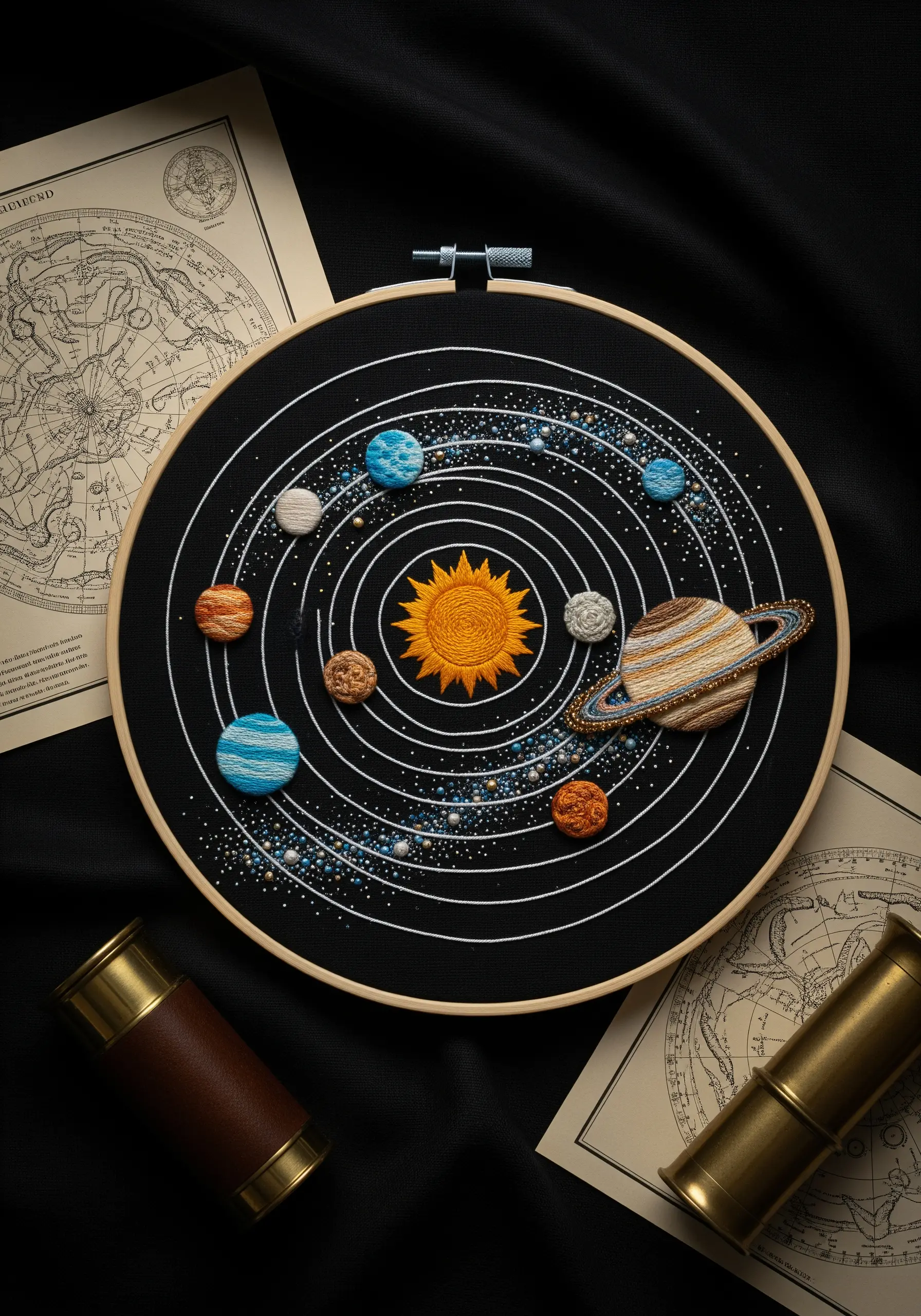 Embroidery of the solar system on black fabric with textured planets and stars.