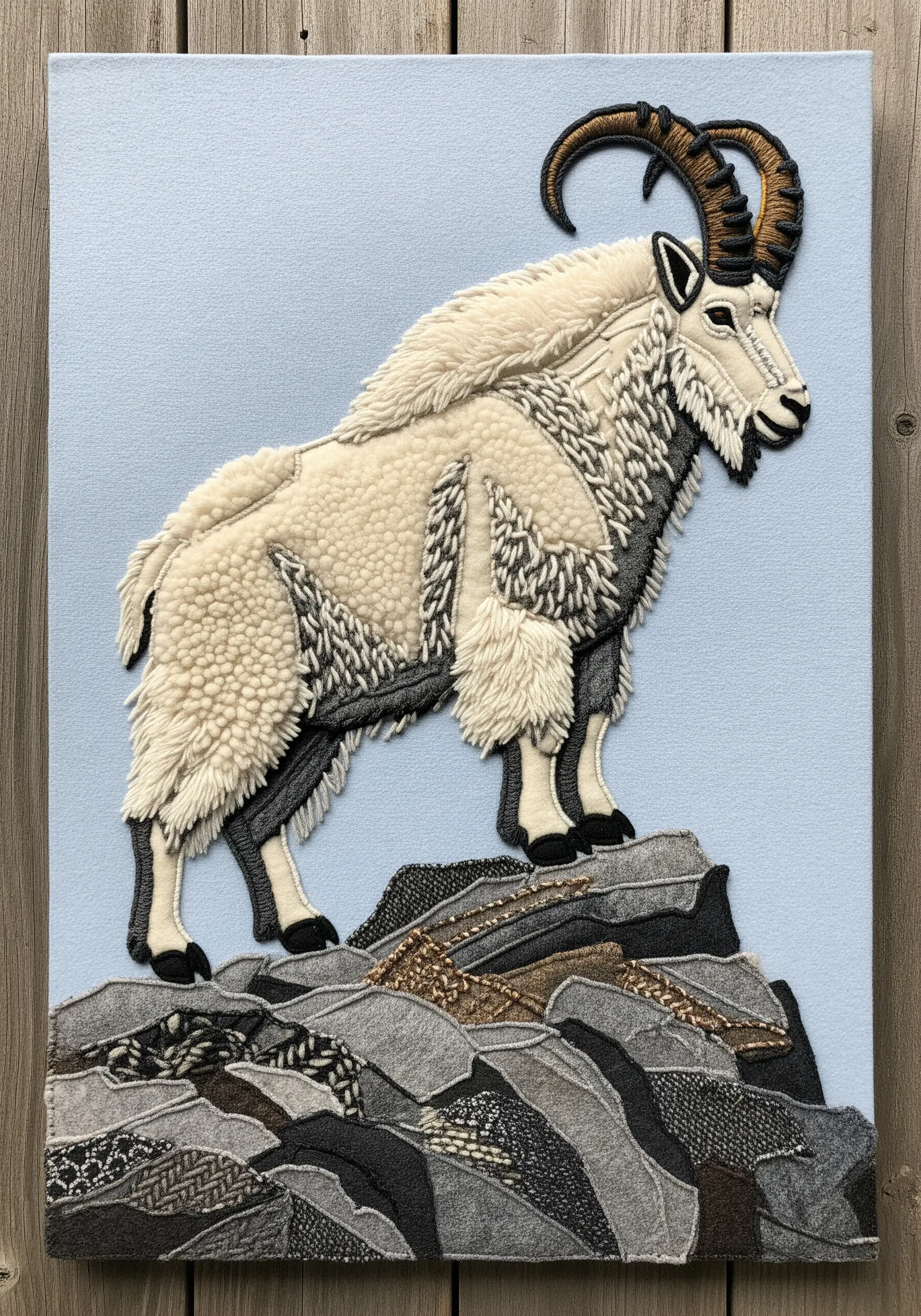 A mountain goat collage using sherpa fabric for the woolly body and other textures for detail.