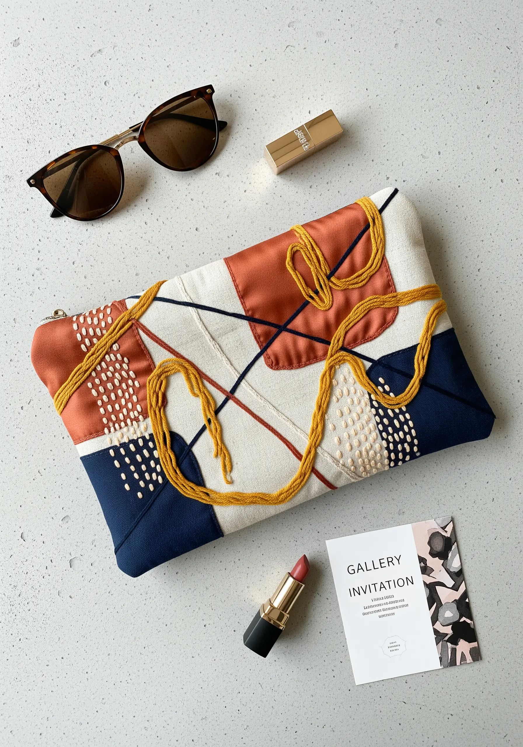 A modern clutch bag decorated with abstract fabric appliqué and thick couched yarn.