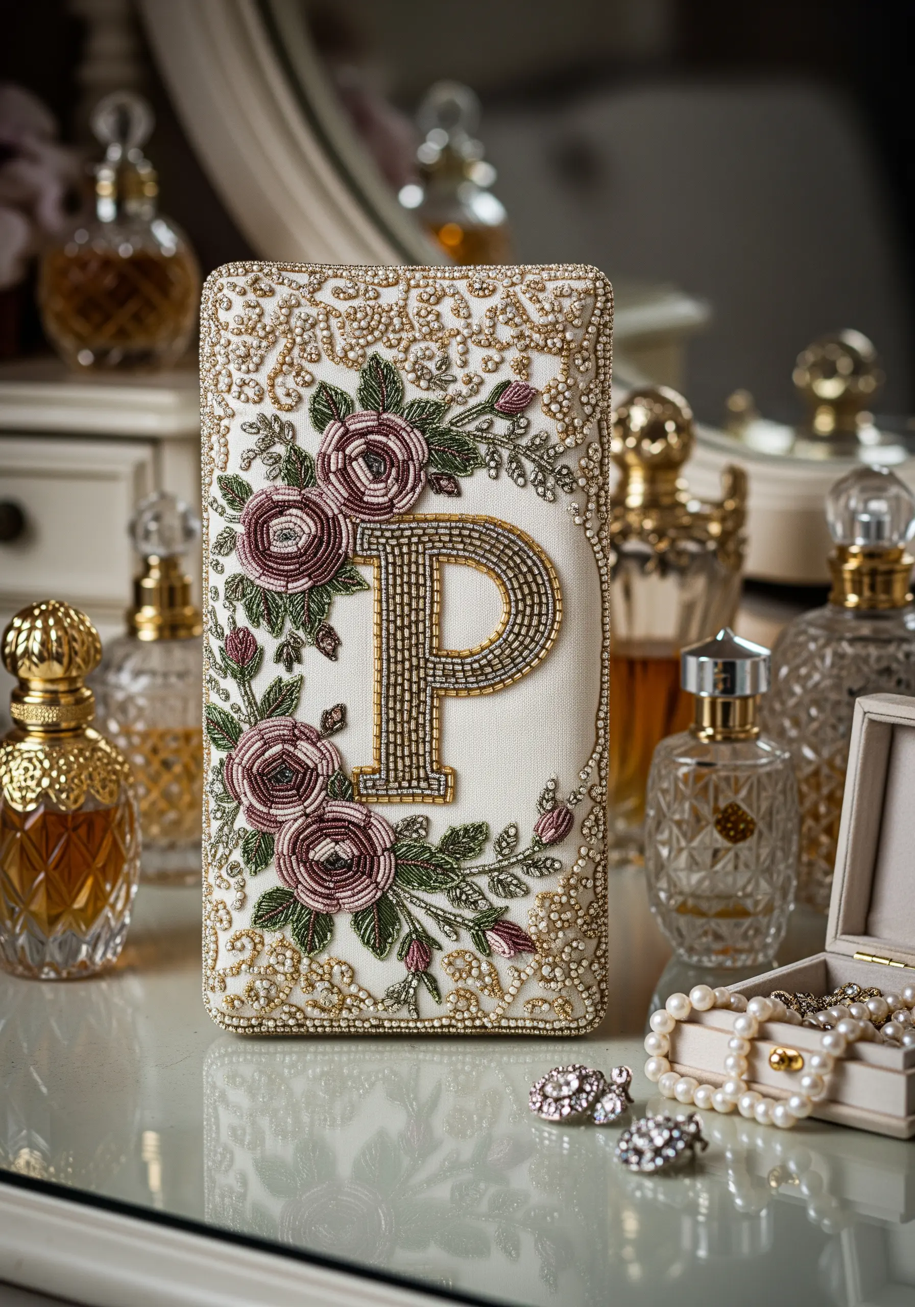 Beaded clutch bag with floral embroidered letter P and seed beads