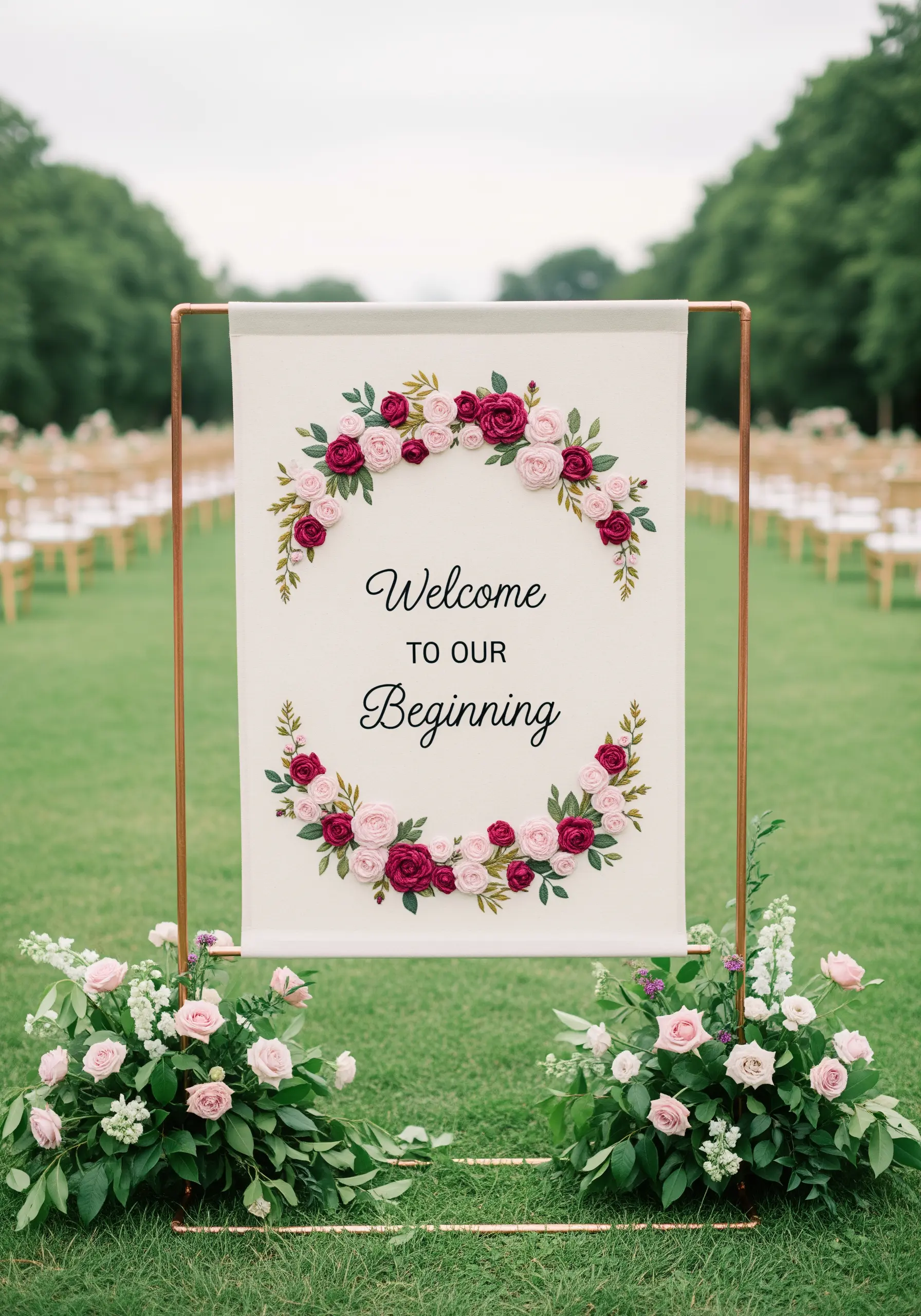 Large floral embroidery on welcome sign banner