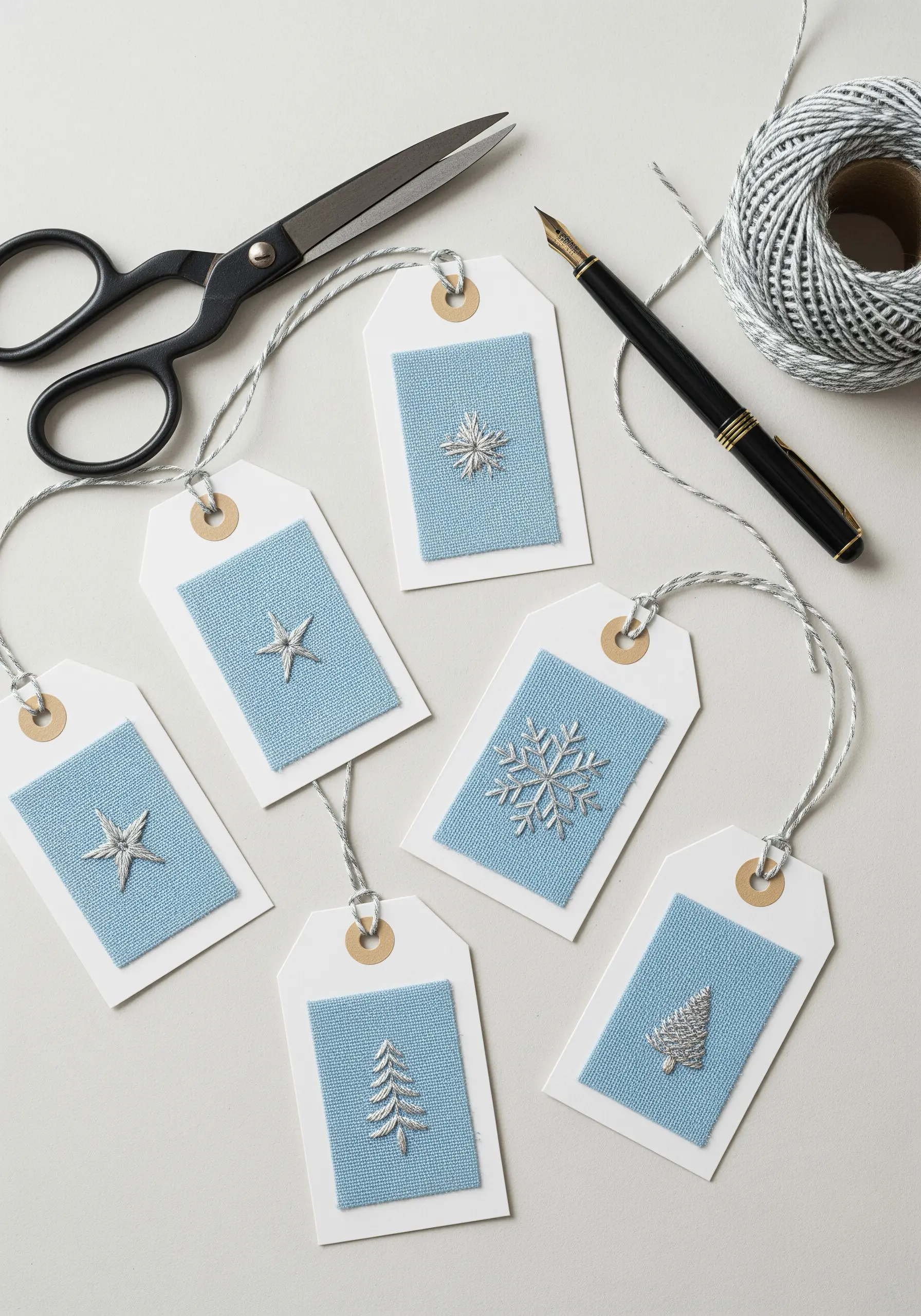 Silver metallic thread embroidery of snowflakes and trees on blue fabric gift tags.