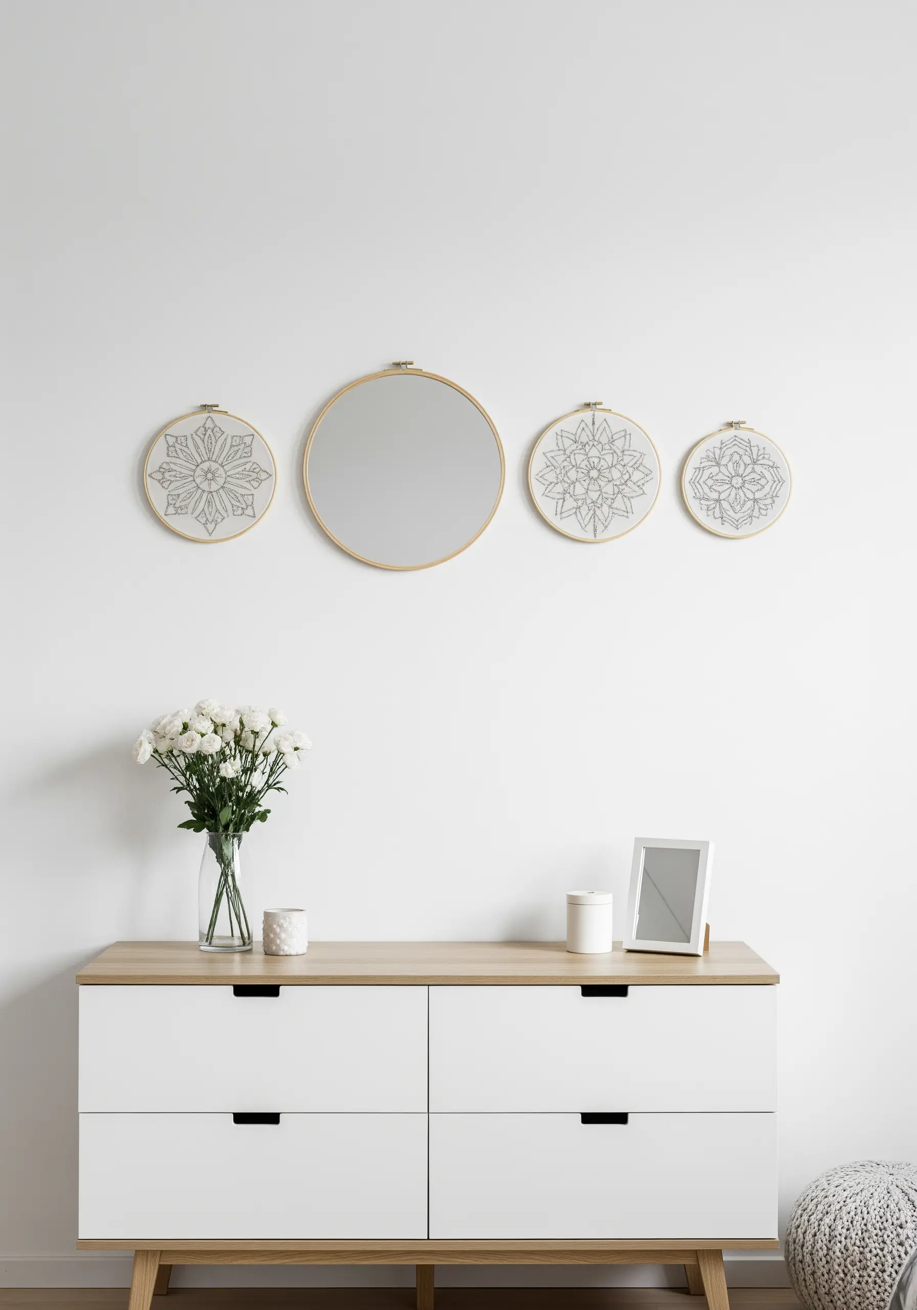 Row of mandala embroidery hoops mixed with a round mirror