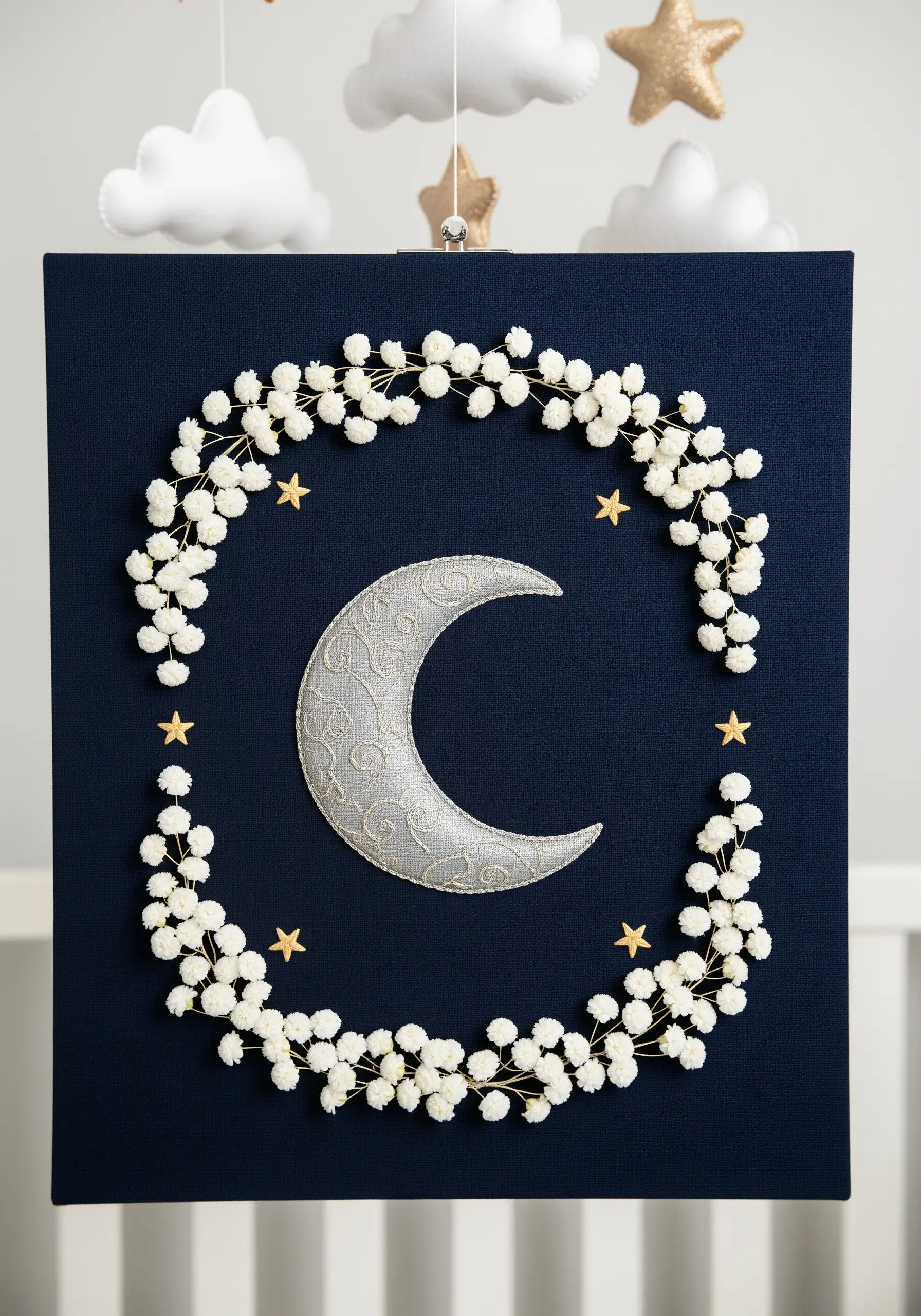 Nursery art with a silver appliqué moon surrounded by a wreath of white French knot flowers.