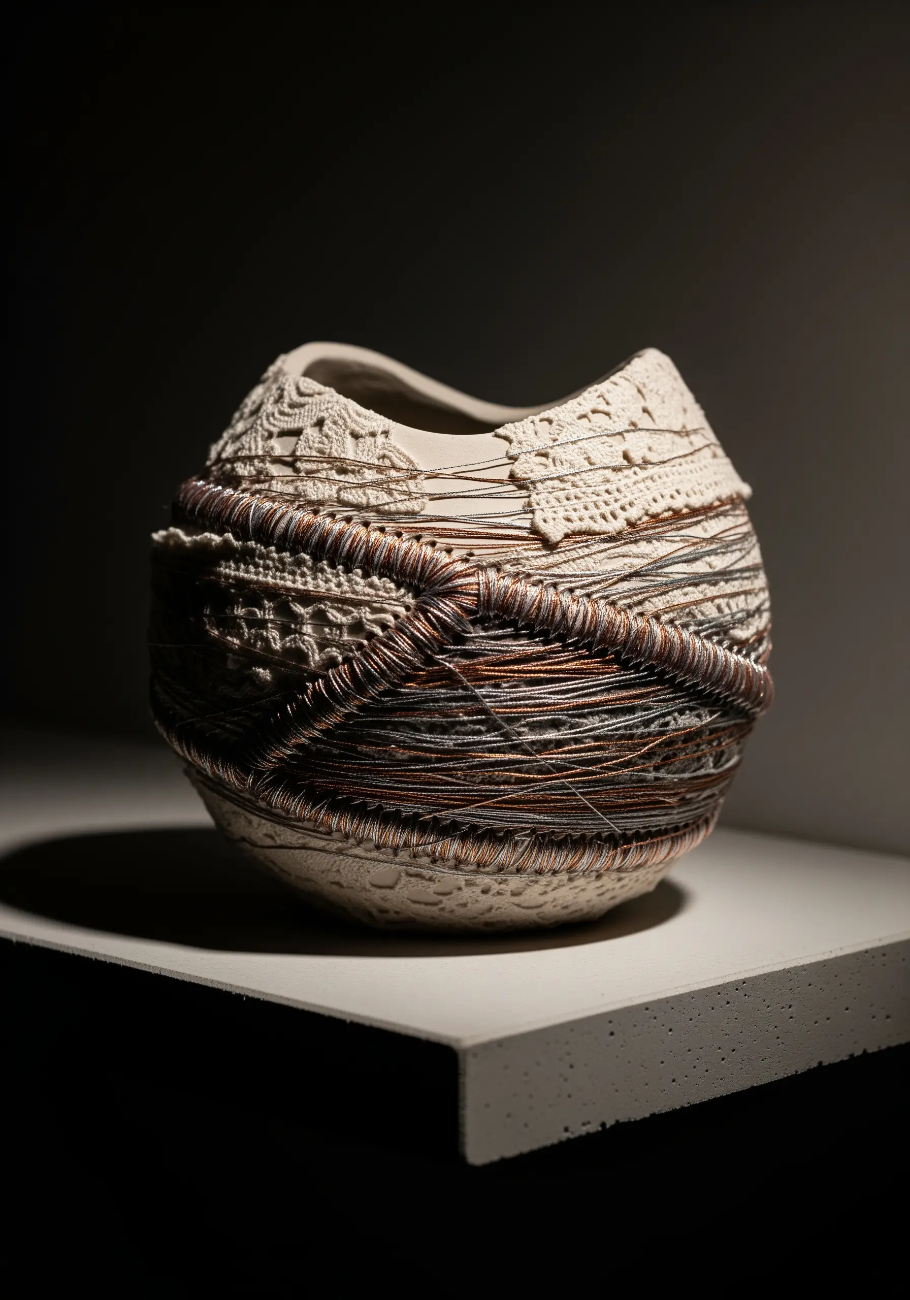 A ceramic vessel with lace texture wrapped in coiled copper and silver thread.