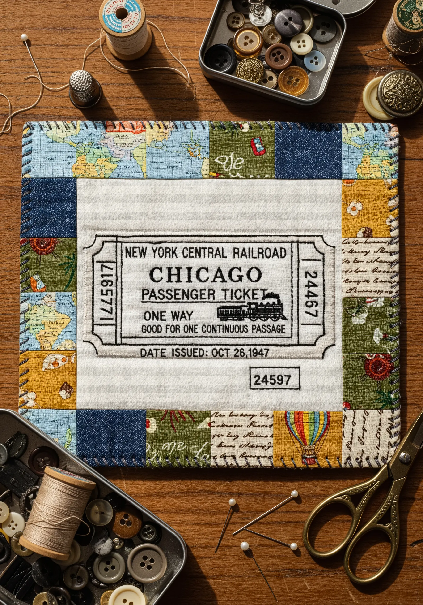 Fabric collage embroidery of a vintage train ticket