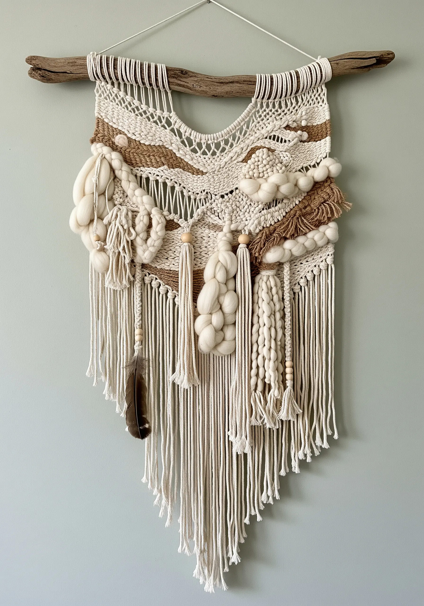 A boho woven wall hanging with mixed textures, including thick wool roving, jute, and tassels.