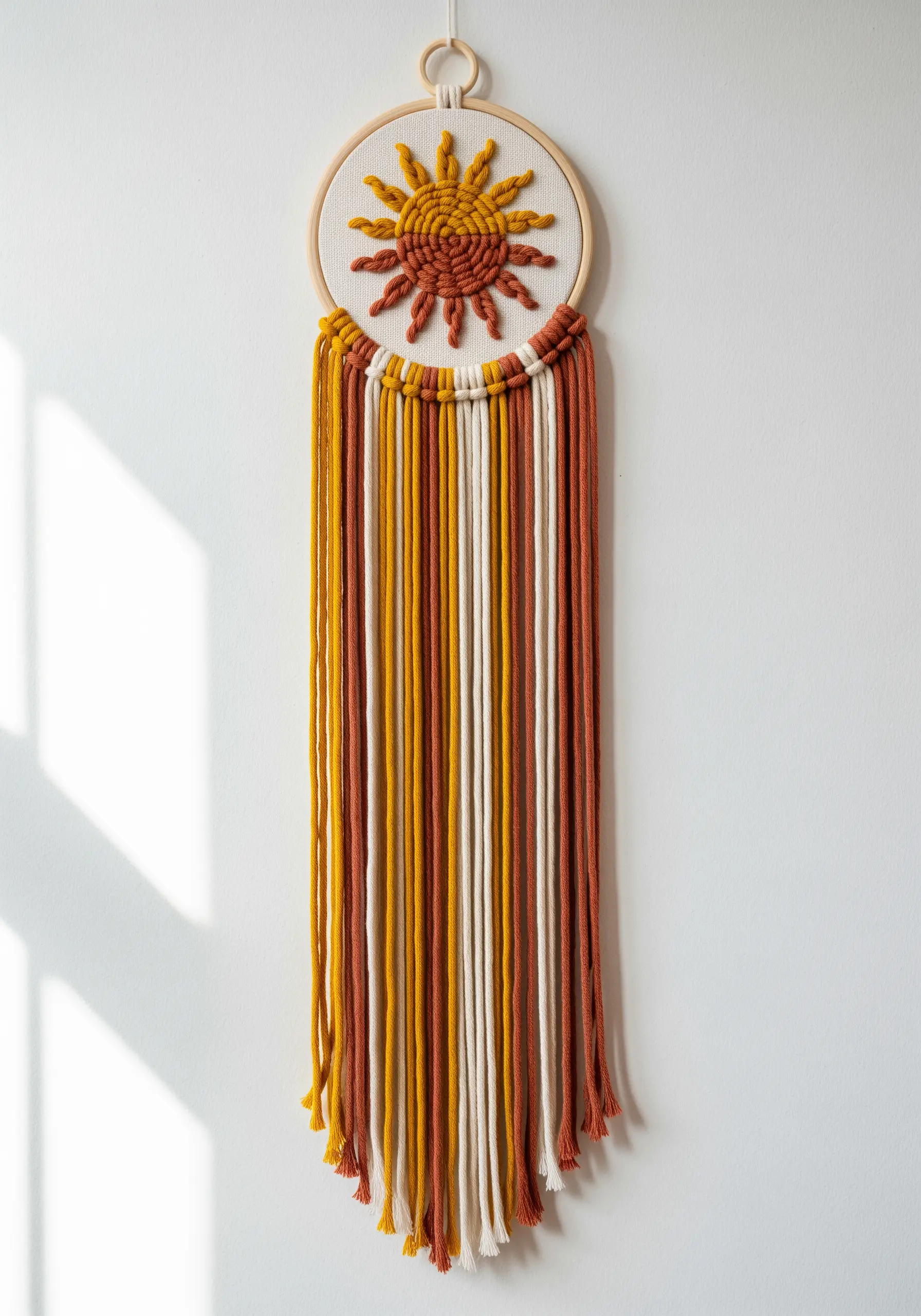 Hoop art combining woven sun motif and macrame fringe