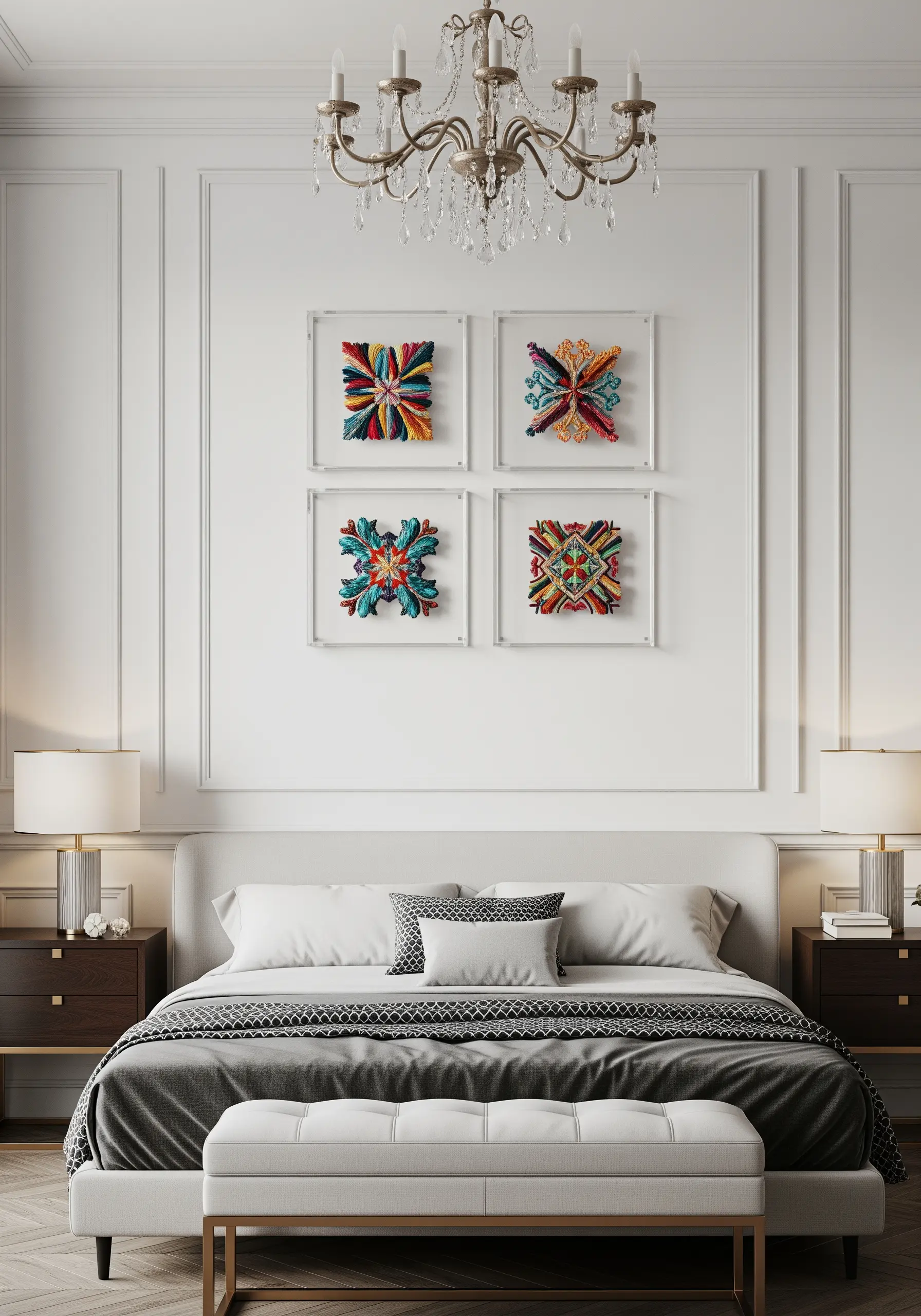 Four clear acrylic frames holding colorful geometric embroidery art