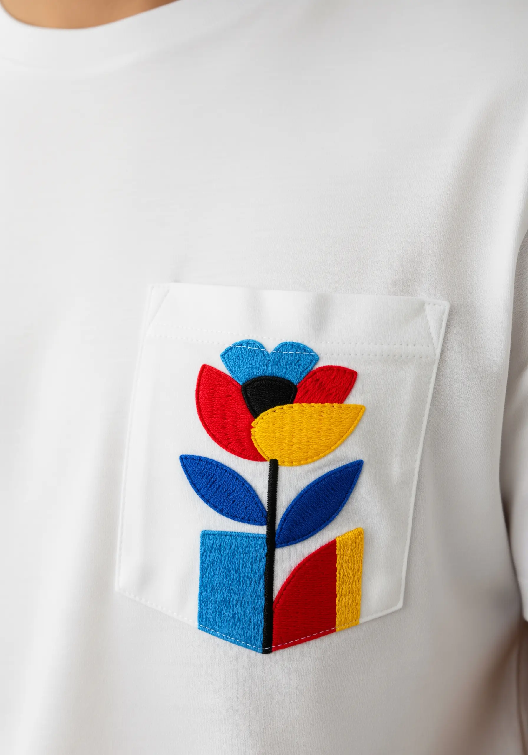 A stylized, color-blocked flower in red, blue, and yellow on a white shirt pocket.