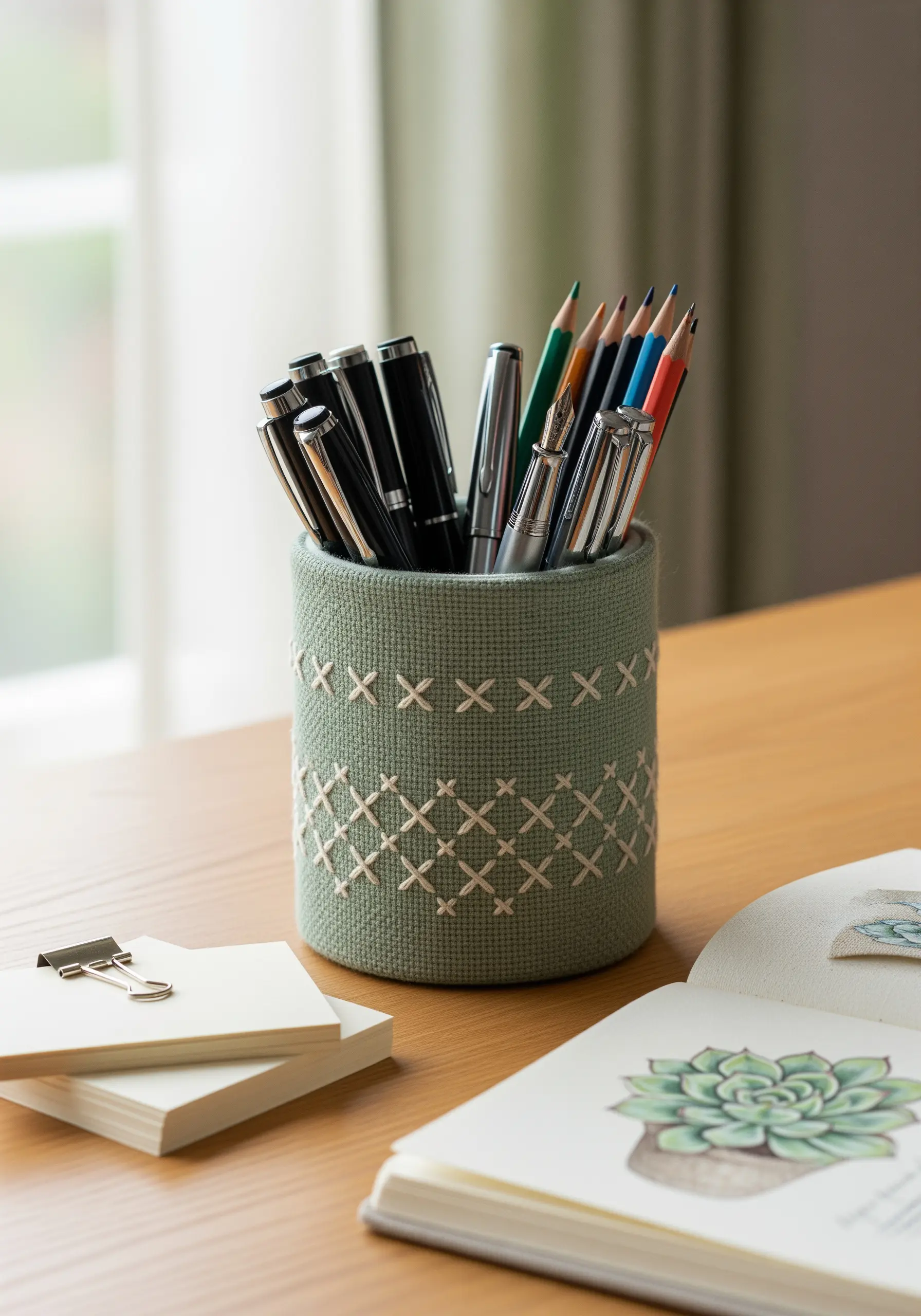 A sage green canvas pencil cup decorated with a pattern of cream-colored cross-stitches.