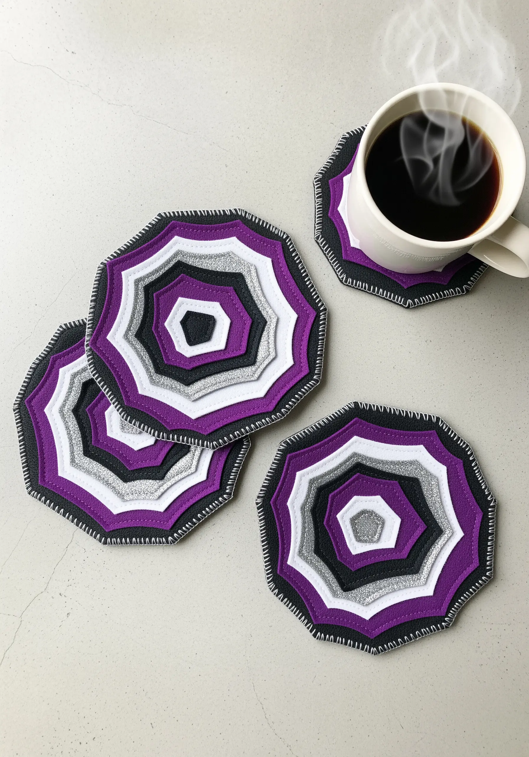 Layered felt coasters in purple, white, black, and silver with a whipstitched edge.