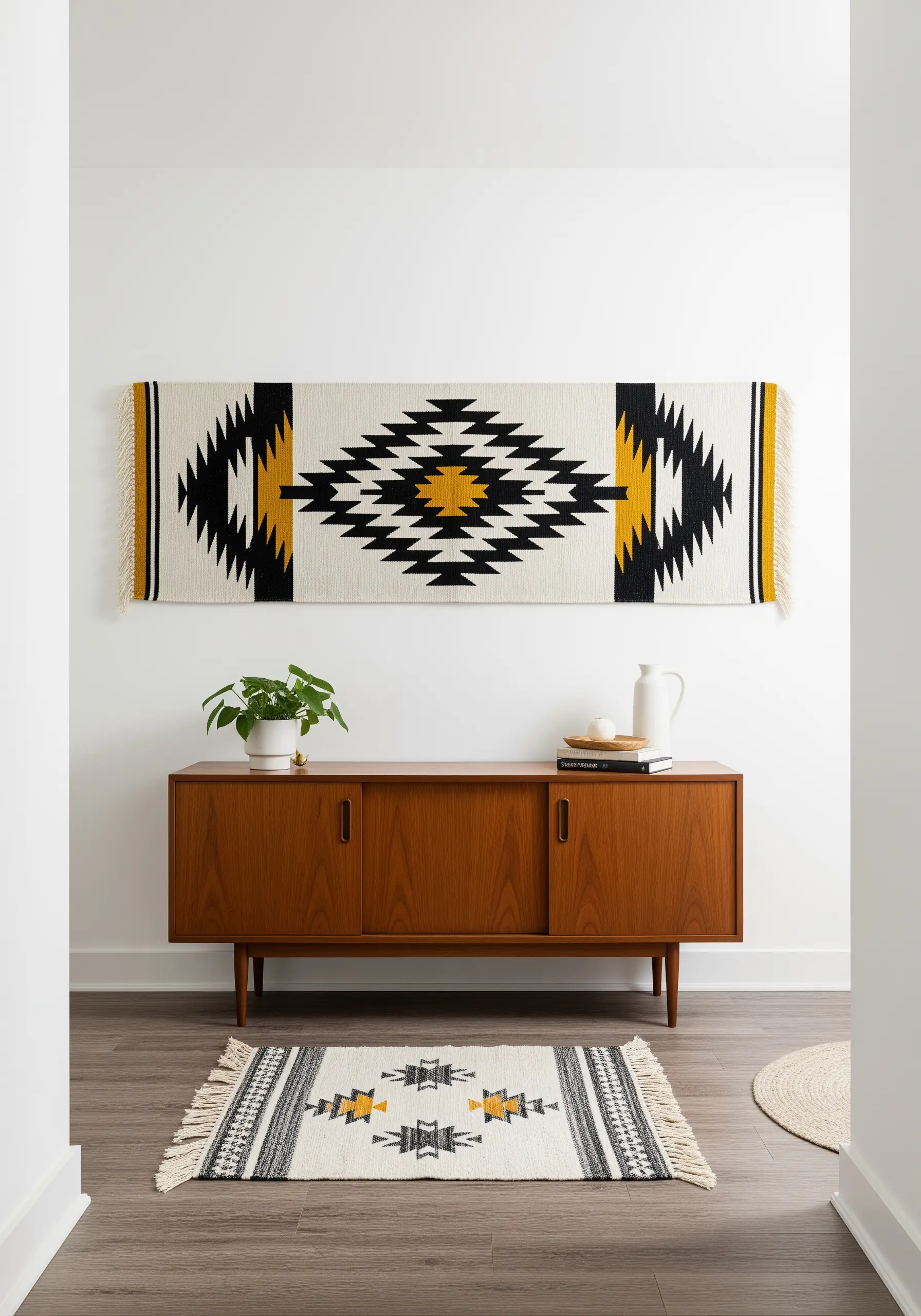 A woven wall hanging with a black, white, and yellow geometric pattern, displayed above a sideboard.