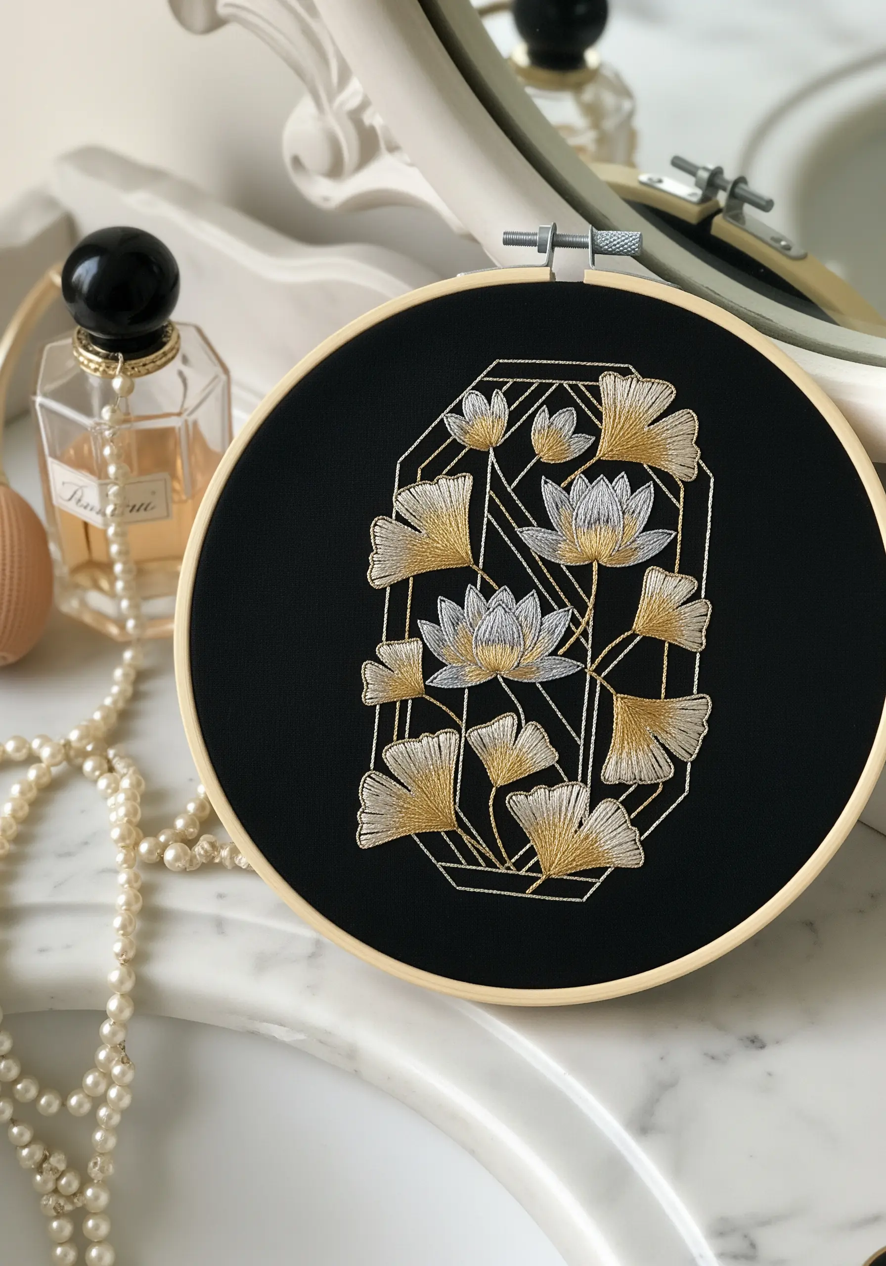 Art Deco embroidery with gold and silver ginkgo leaves and lotus flowers on black fabric.