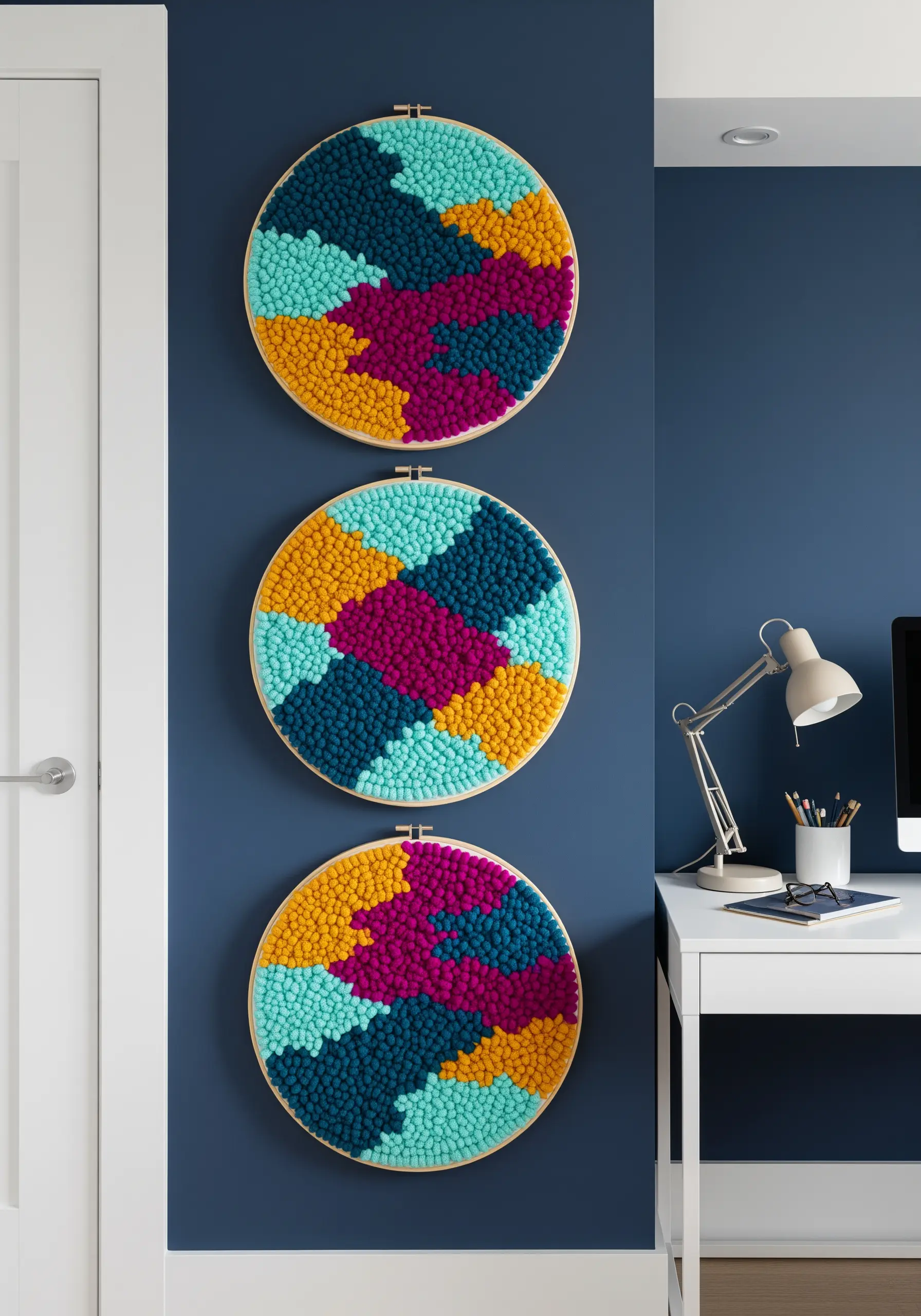 Three punch needle embroidery hoops with a colorful geometric block pattern on a blue wall.