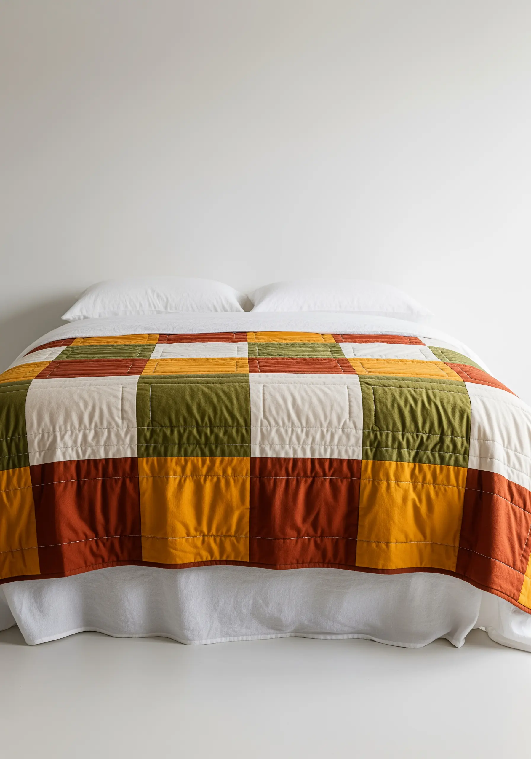 A modern quilt on a bed with large squares of rust, olive, yellow, and cream fabric.