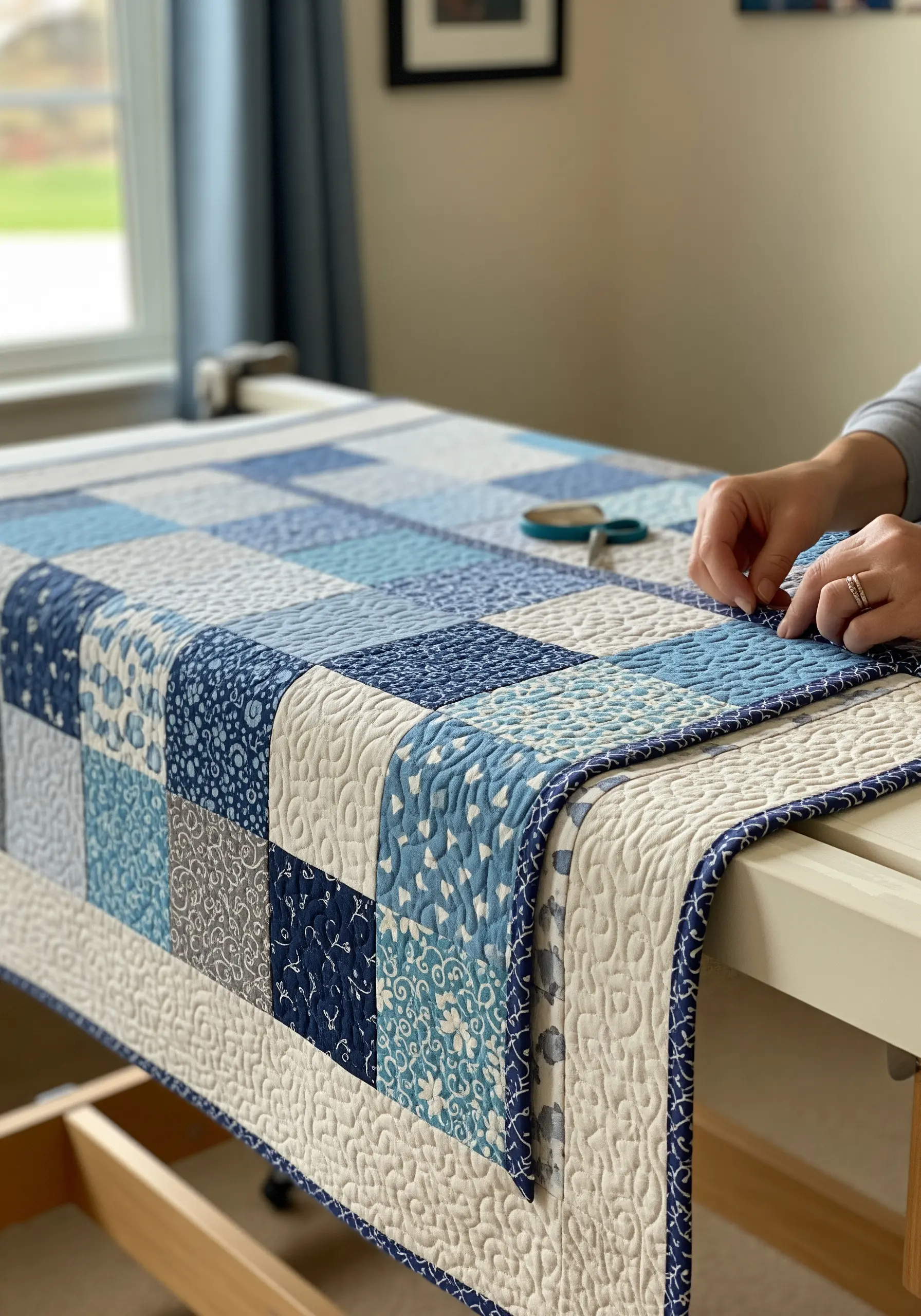 Blue and white patchwork table runner being finished with intricate machine quilting.