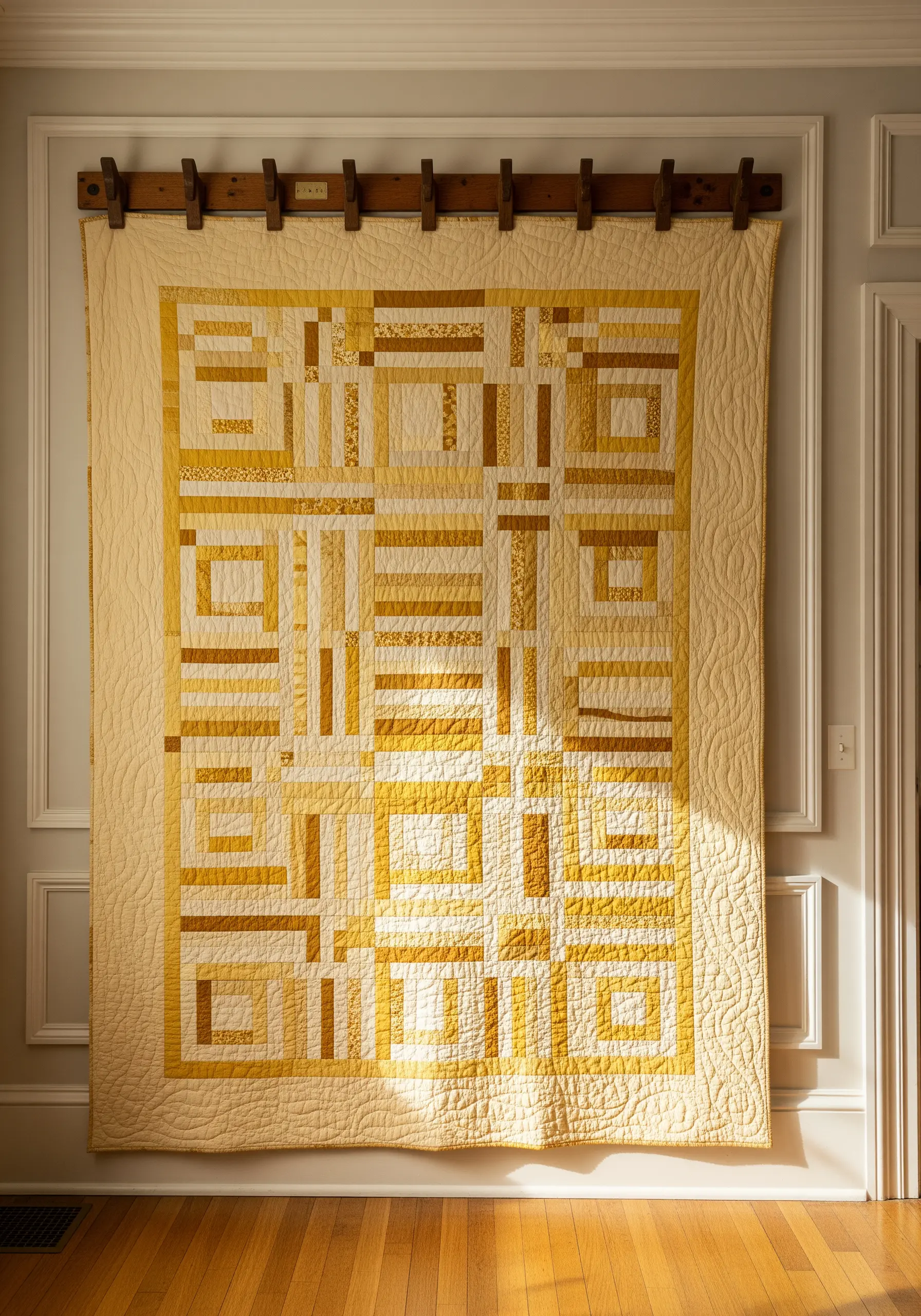 A modern geometric quilt in shades of yellow and cream hanging on a wall.