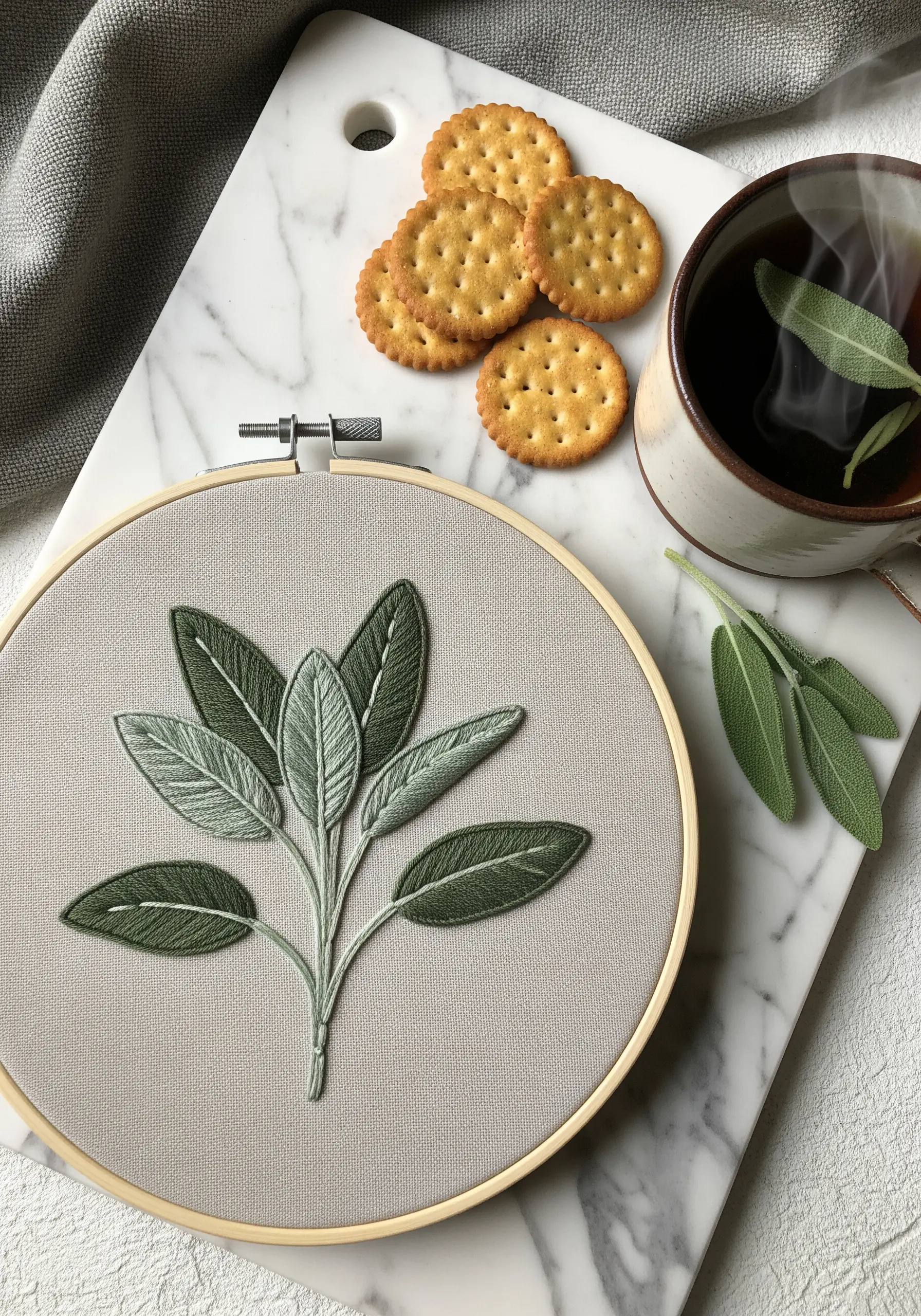 A modern, color-blocked embroidery of a sage sprig with clean satin stitches.