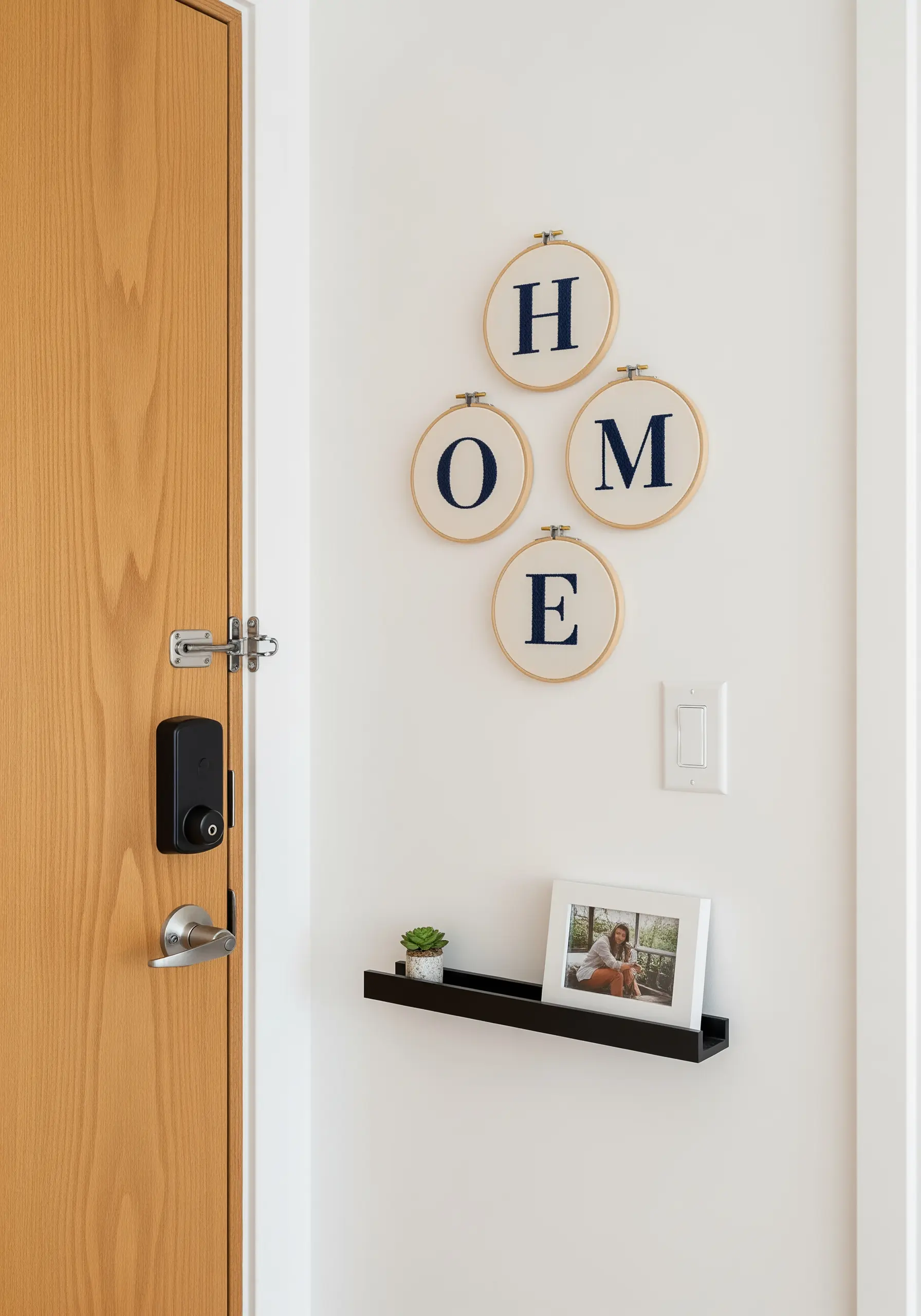 Four embroidery hoops spelling out the word 'HOME' in bold navy blue letters.