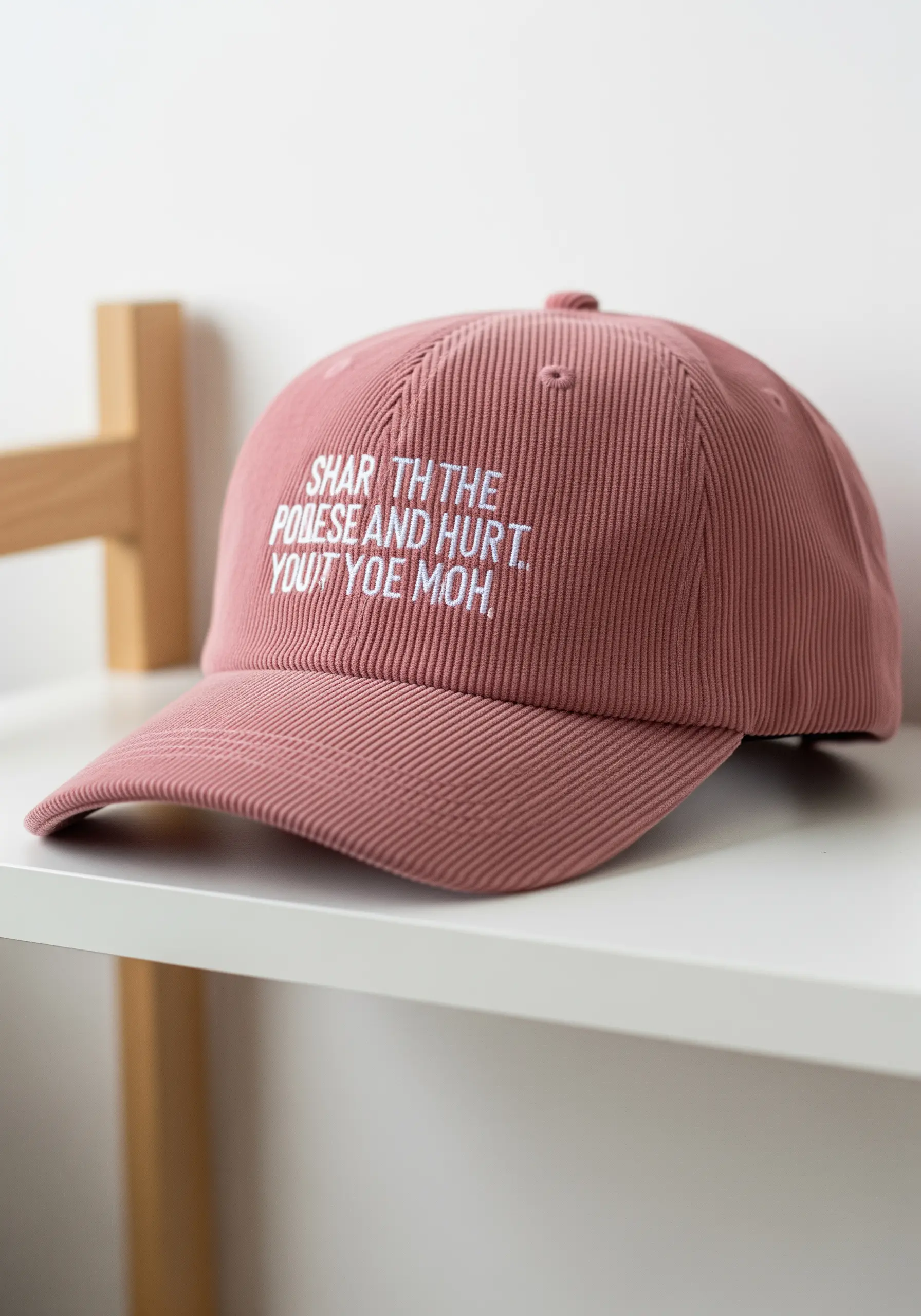 A pink corduroy baseball cap with an embroidered quote in white block letters.
