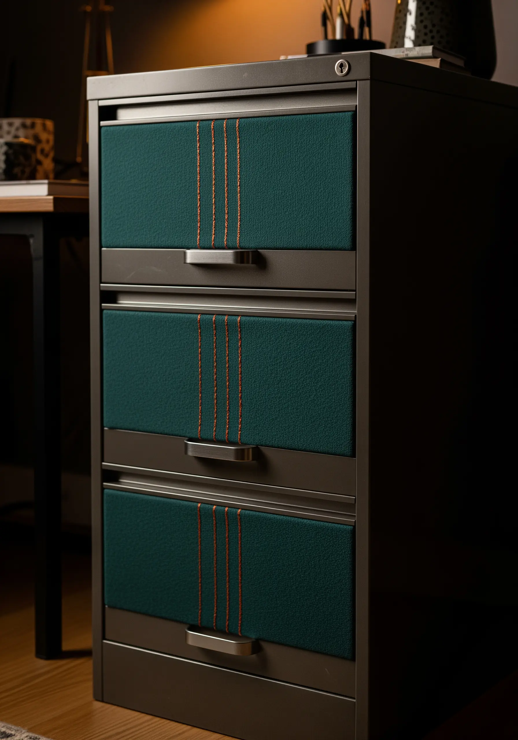 Dark green fabric panels on a filing cabinet with vertical orange running stitches.