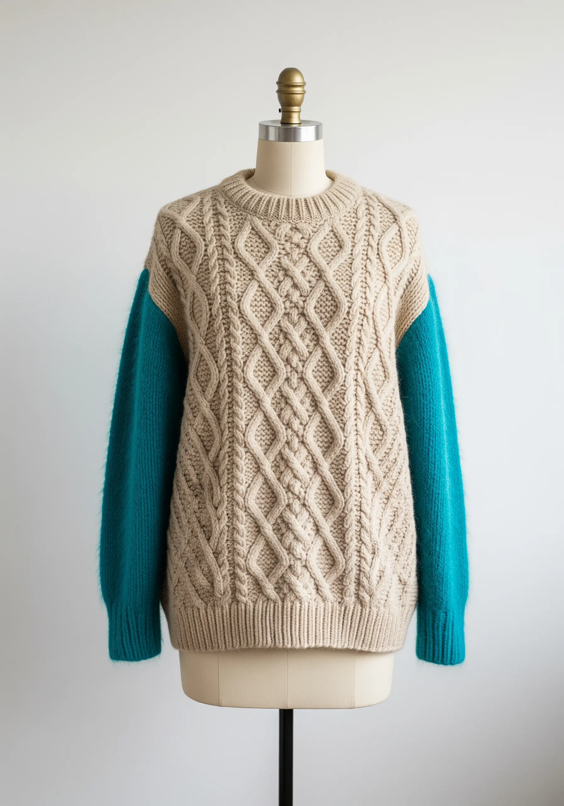 A traditional beige cable-knit sweater with bold, solid teal-colored sleeves.