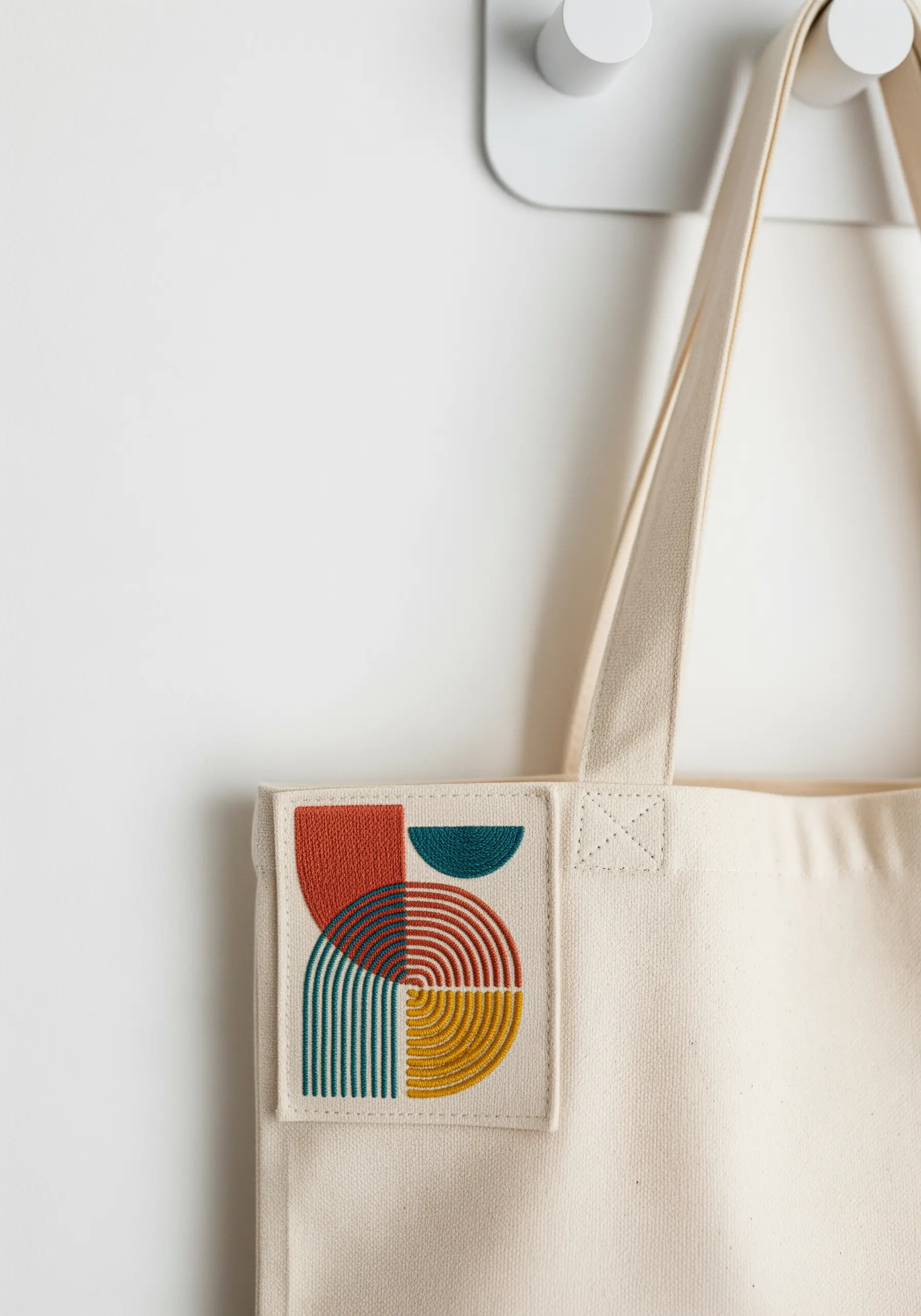 A geometric embroidered patch with interlocking arcs and lines on a canvas tote bag.