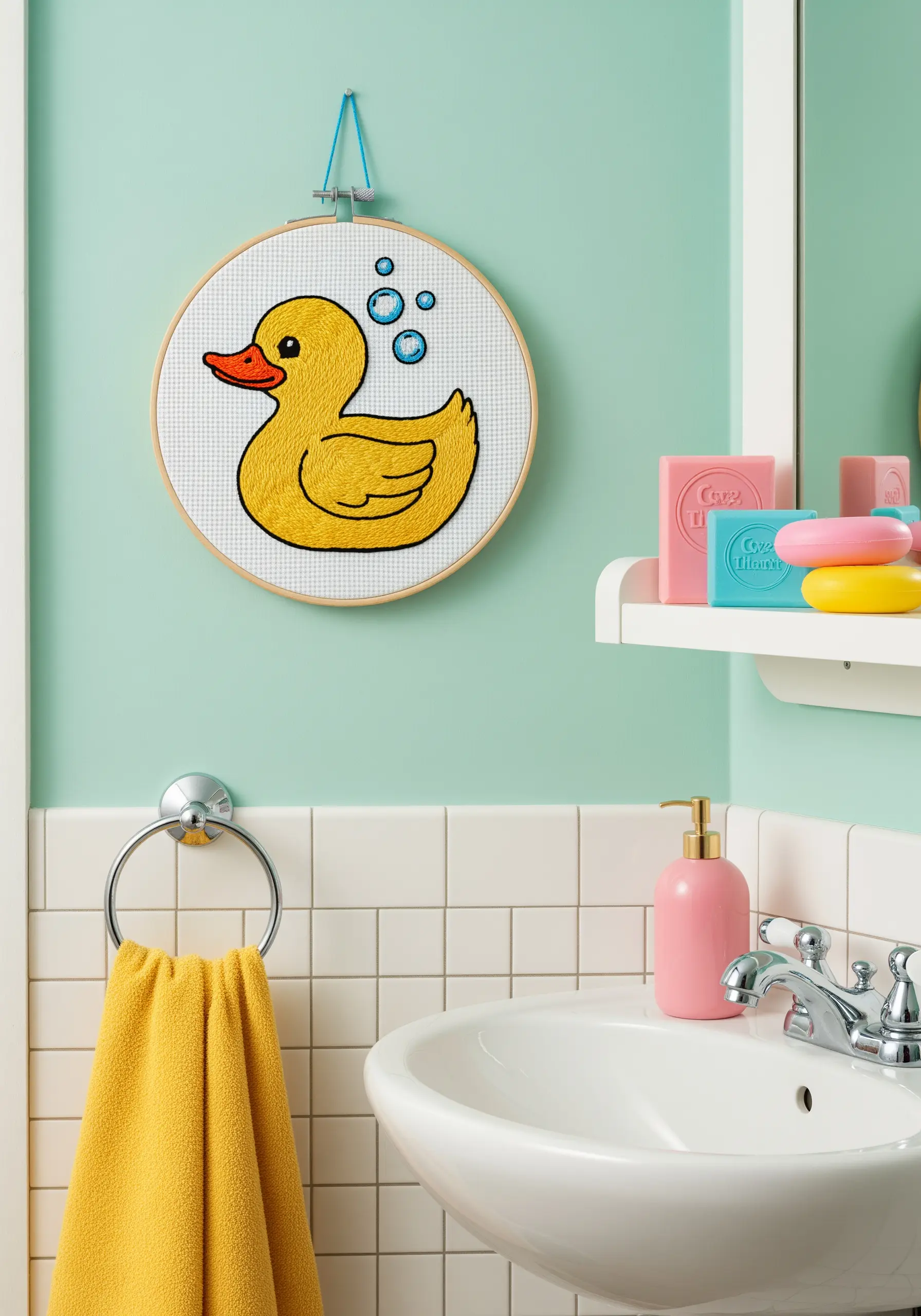 A cross-stitched rubber duck with a bold black outline on Aida cloth.