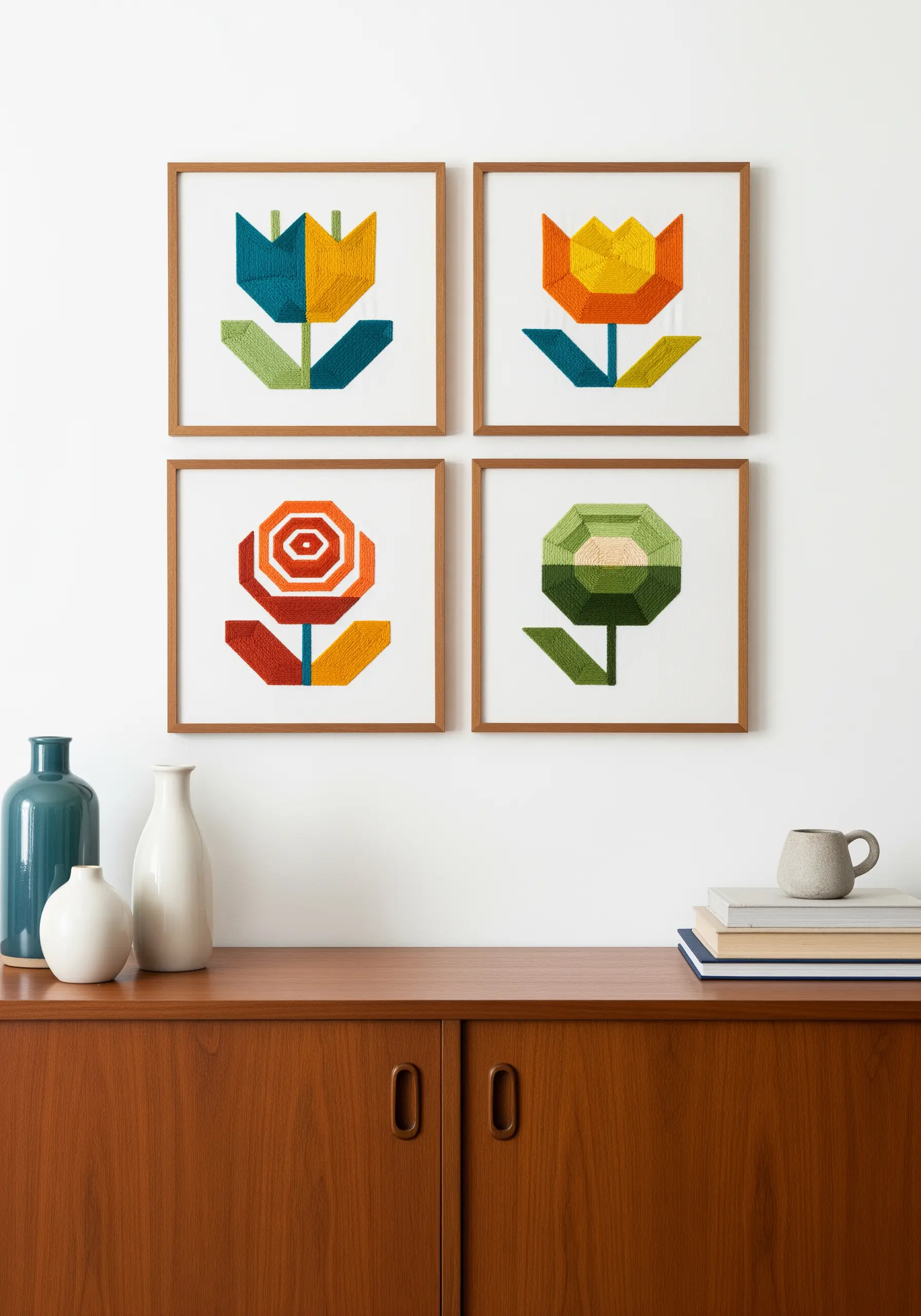 Four framed embroideries of geometric, color-blocked flowers in a modern style.