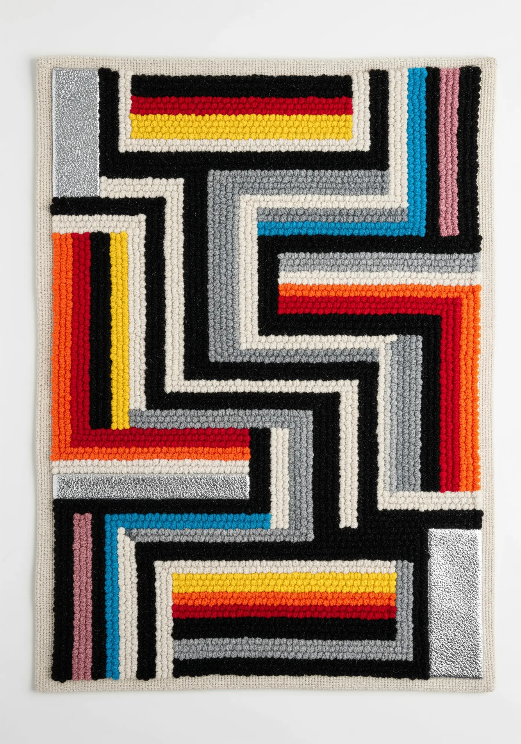 A geometric latch hook rug in bright colors with blocks of metallic silver fabric.