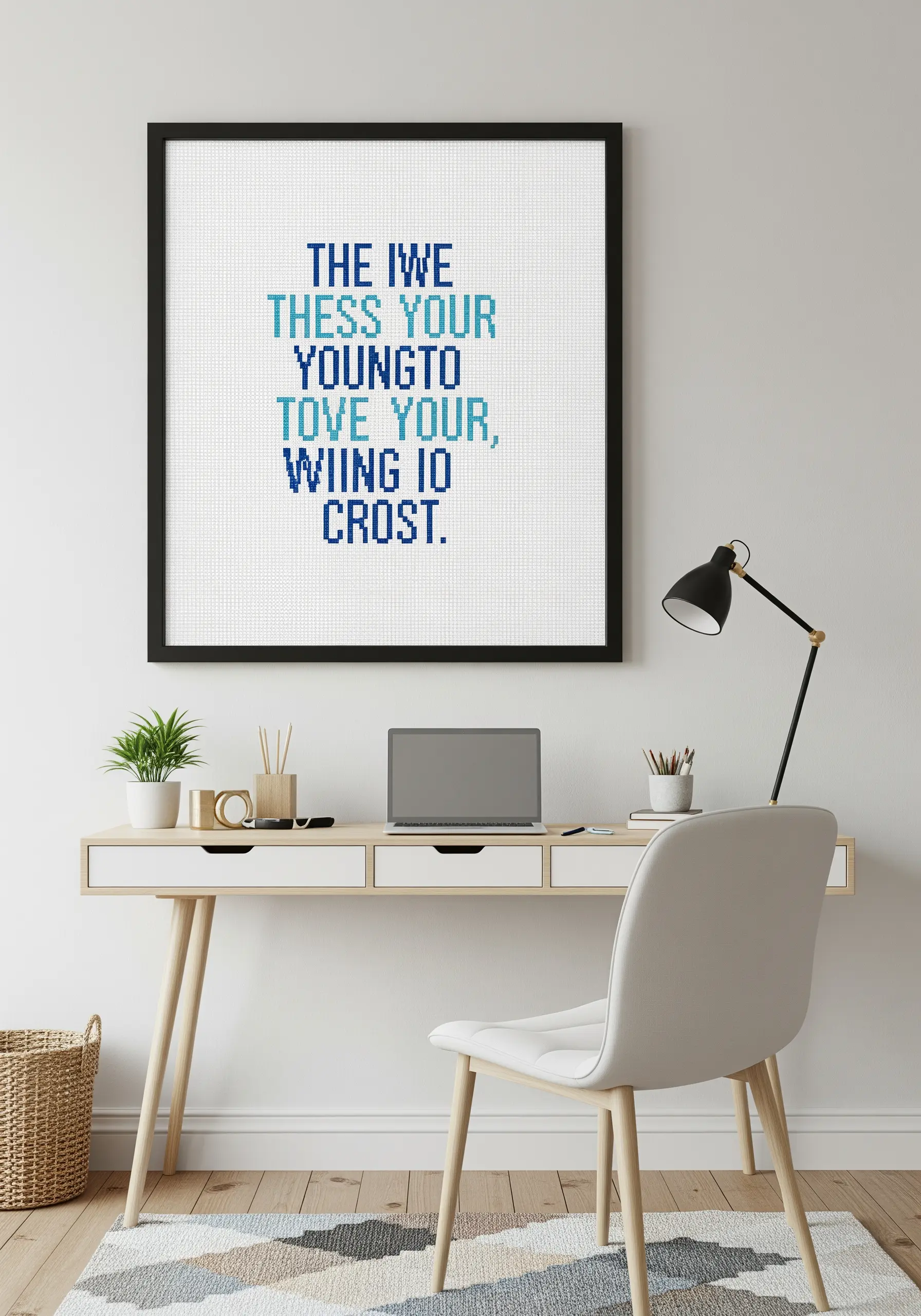 A framed cross-stitch piece with modern typography in shades of blue.