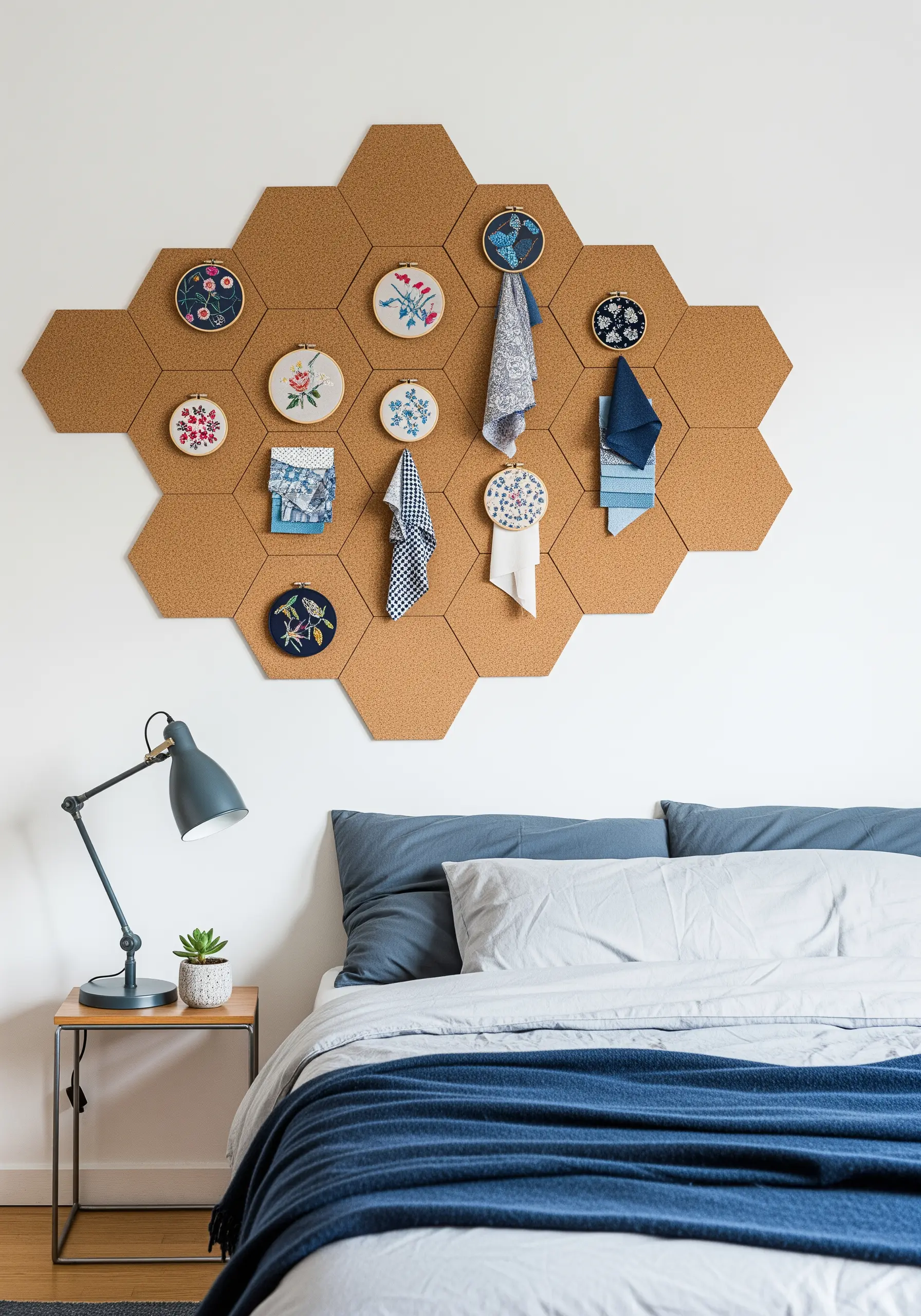 Hexagonal cork tiles mixed with blue floral embroidery hoops