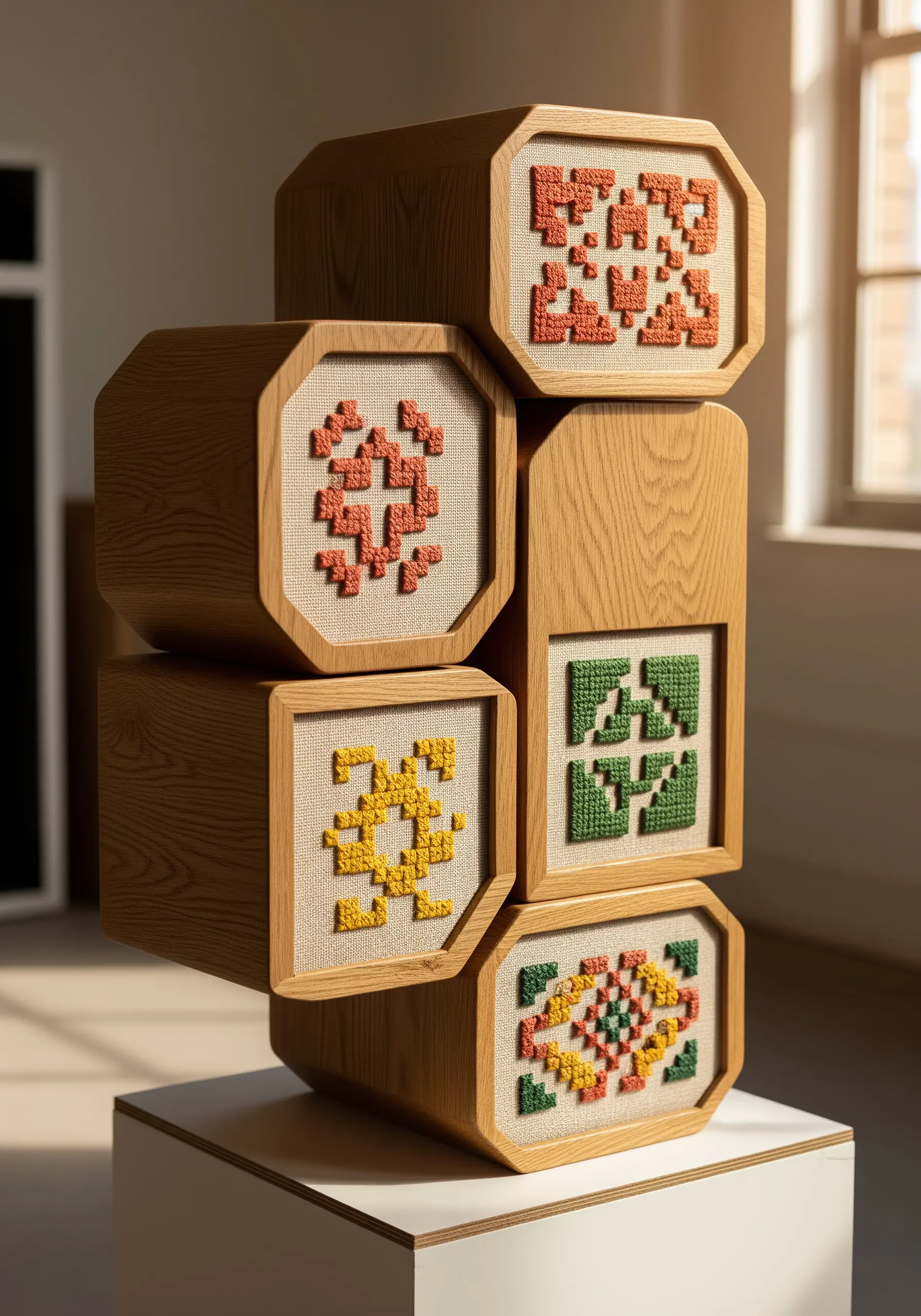 A stacked sculpture of wooden blocks, each featuring a colorful, geometric cross-stitch pattern on canvas.