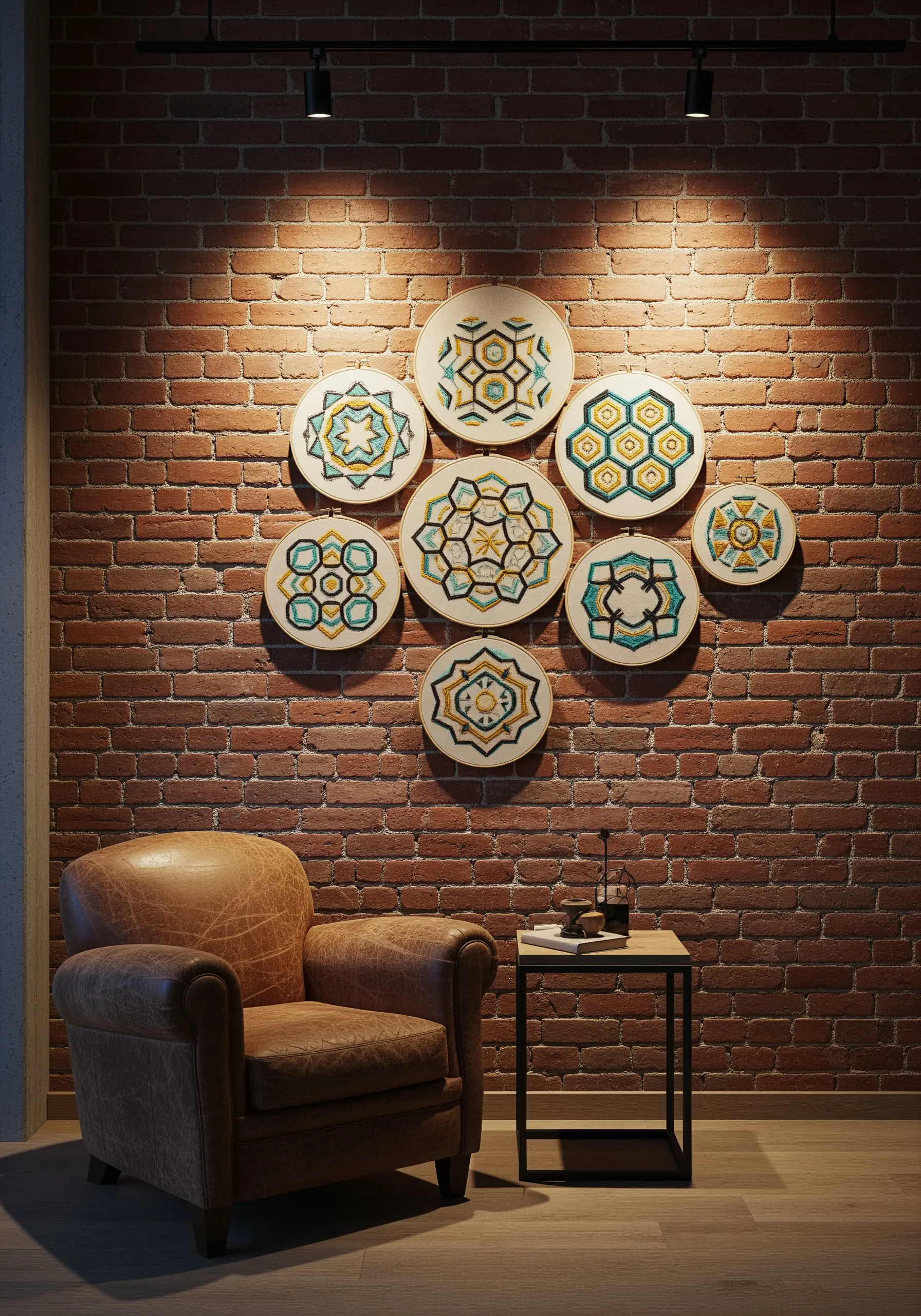 Cluster of embroidery hoops with teal and gold geometric hexagon patterns on a brick wall