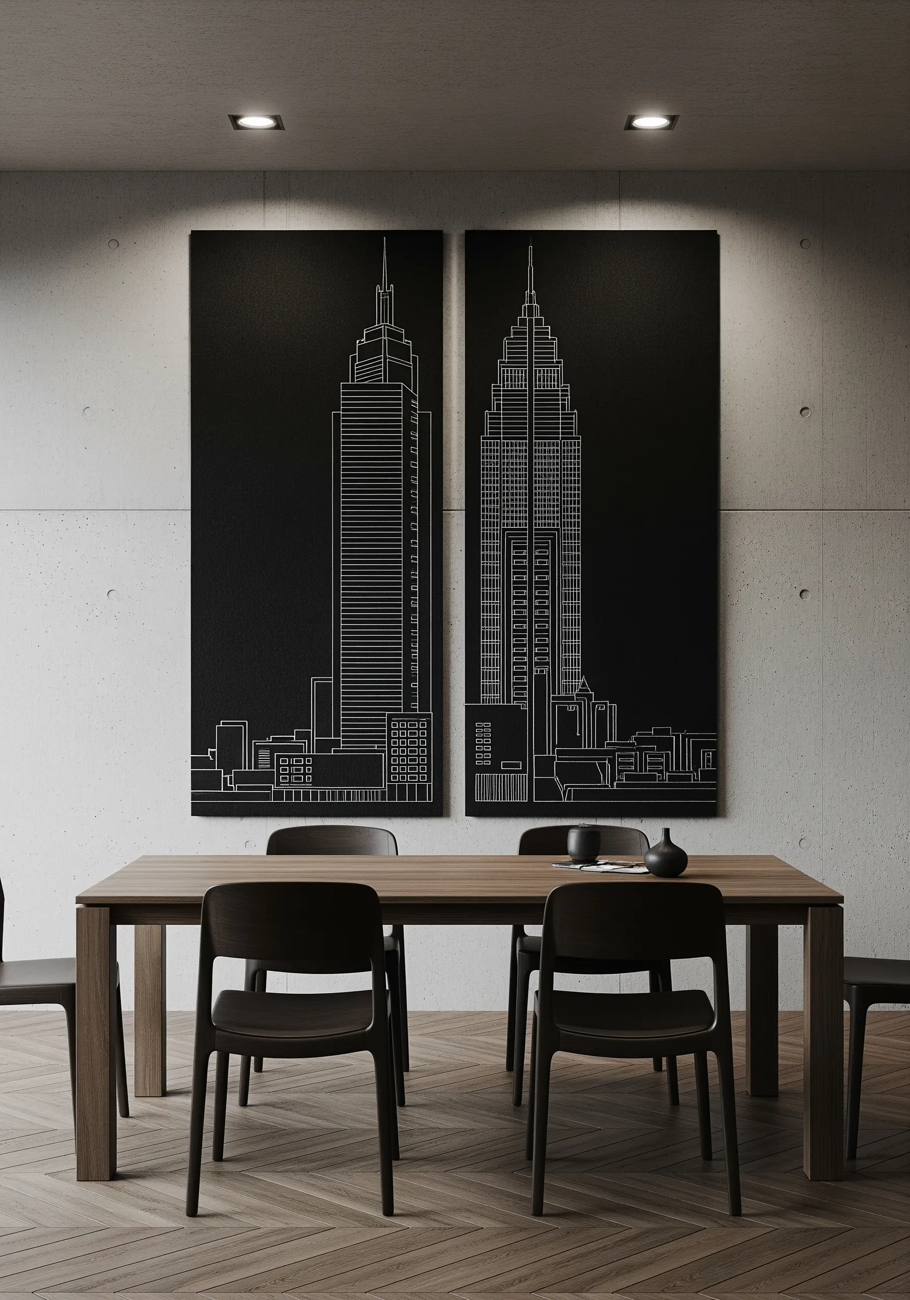 Two black vertical canvases with a cityscape outlined in crisp white backstitch.