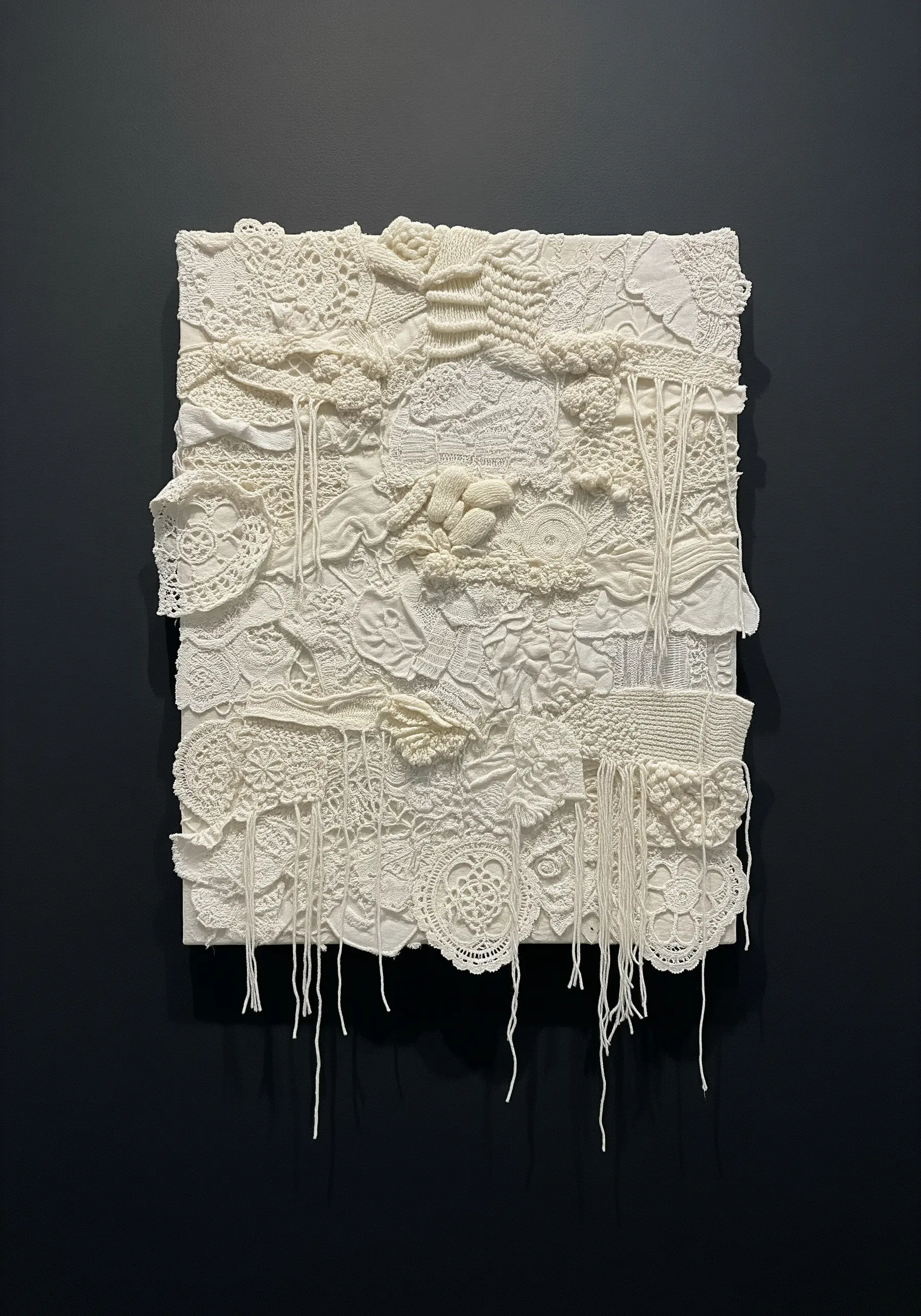 A white-on-white textural collage using recycled doilies, lace, and yarn on a square canvas.