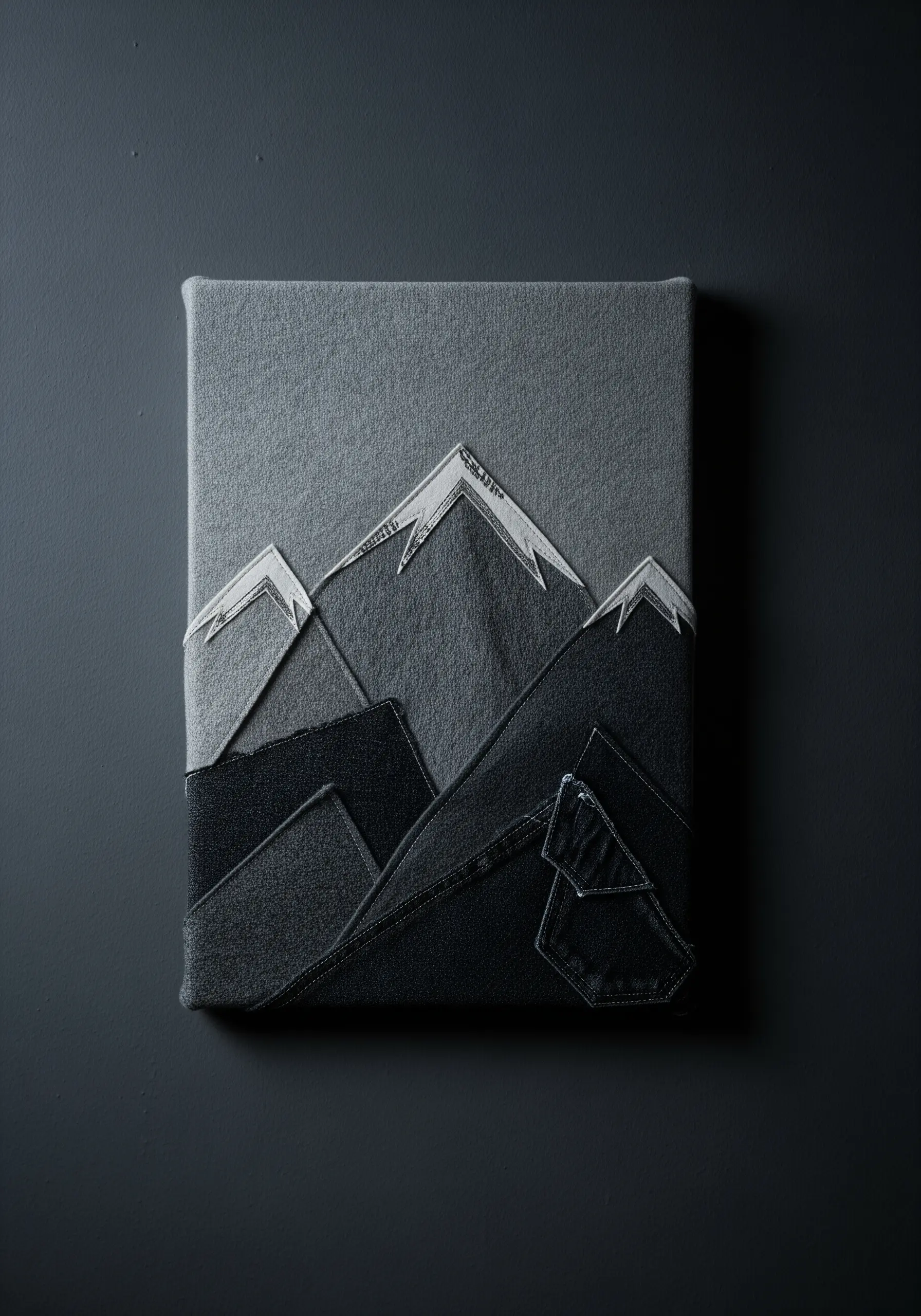 A mountain landscape collage made from various shades of upcycled denim fabric.