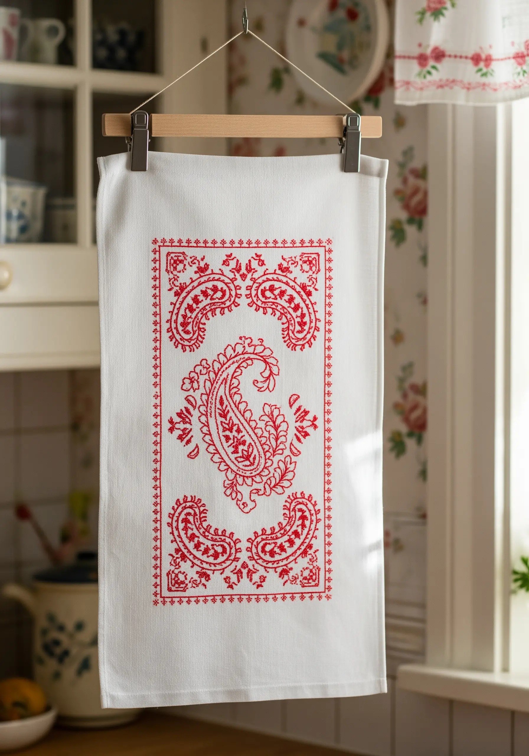 White tea towel with intricate red paisley embroidery pattern