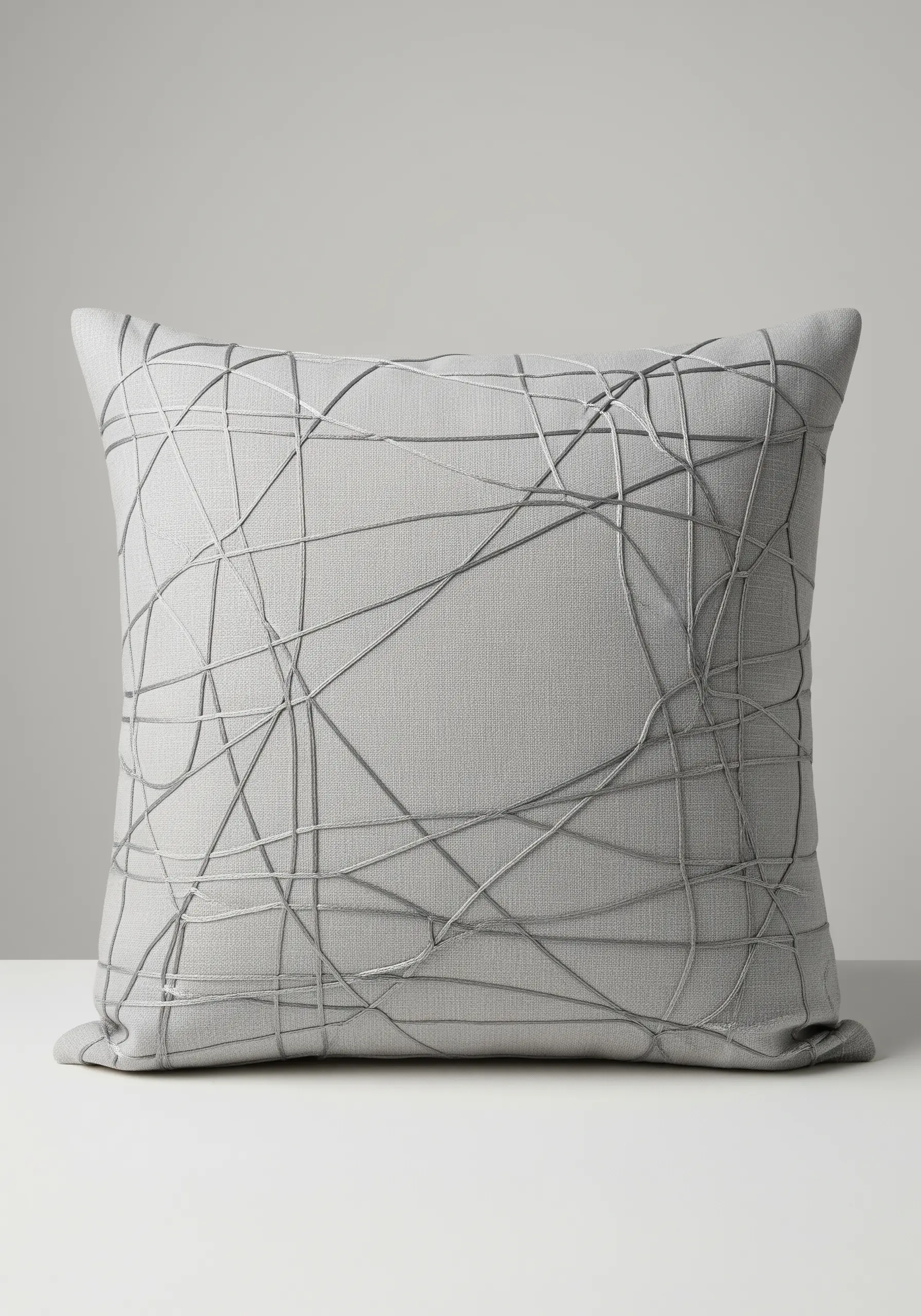 A network of intersecting silver-gray cording on a light gray linen pillow.